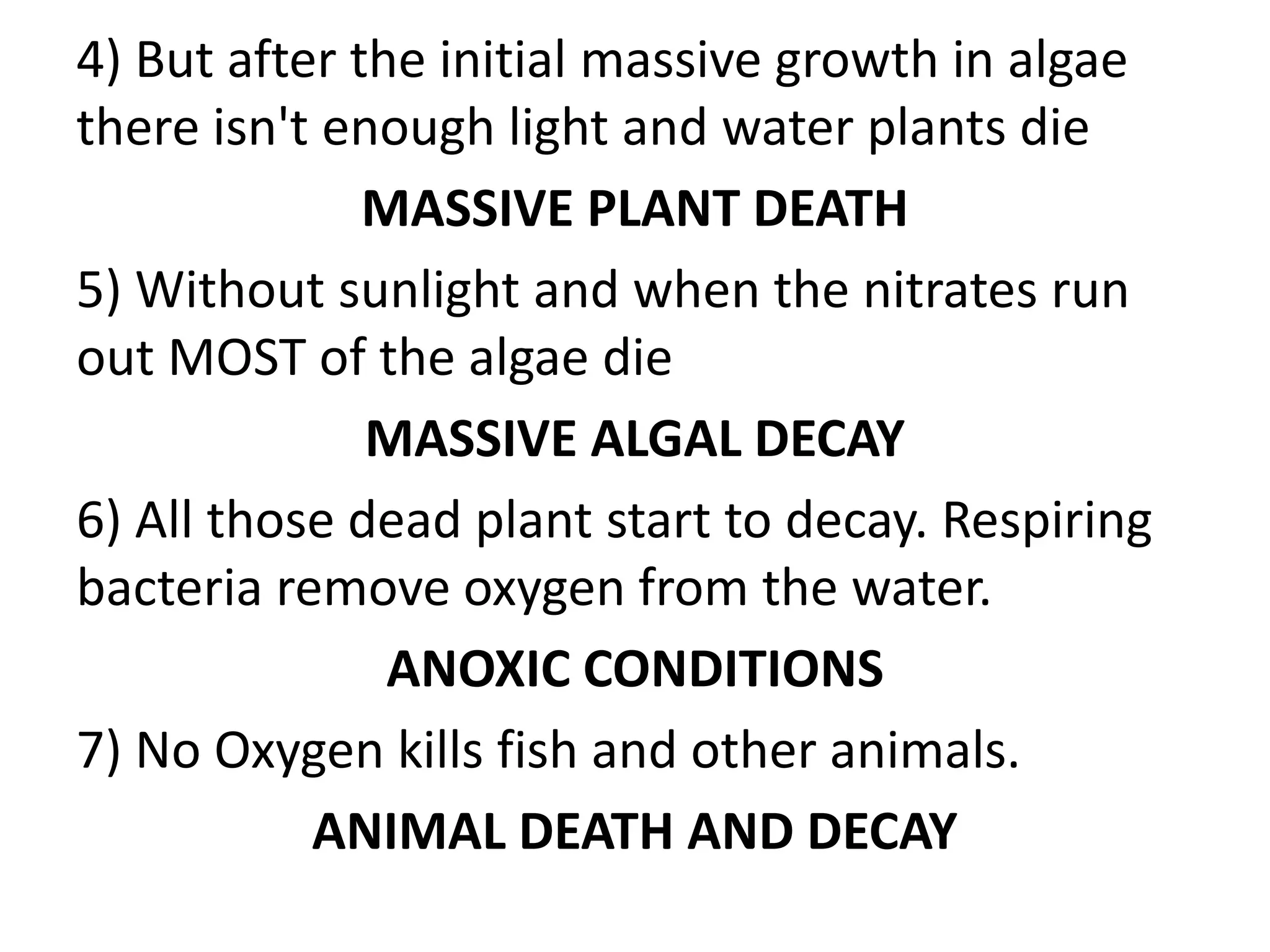 4) But after the initial massive growth in algae 
there isn't enough light and water plants die 
MASSIVE PLANT DEATH 
5) Without sunlight and when the nitrates run 
out MOST of the algae die 
MASSIVE ALGAL DECAY 
6) All those dead plant start to decay. Respiring 
bacteria remove oxygen from the water. 
ANOXIC CONDITIONS 
7) No Oxygen kills fish and other animals. 
ANIMAL DEATH AND DECAY 
 