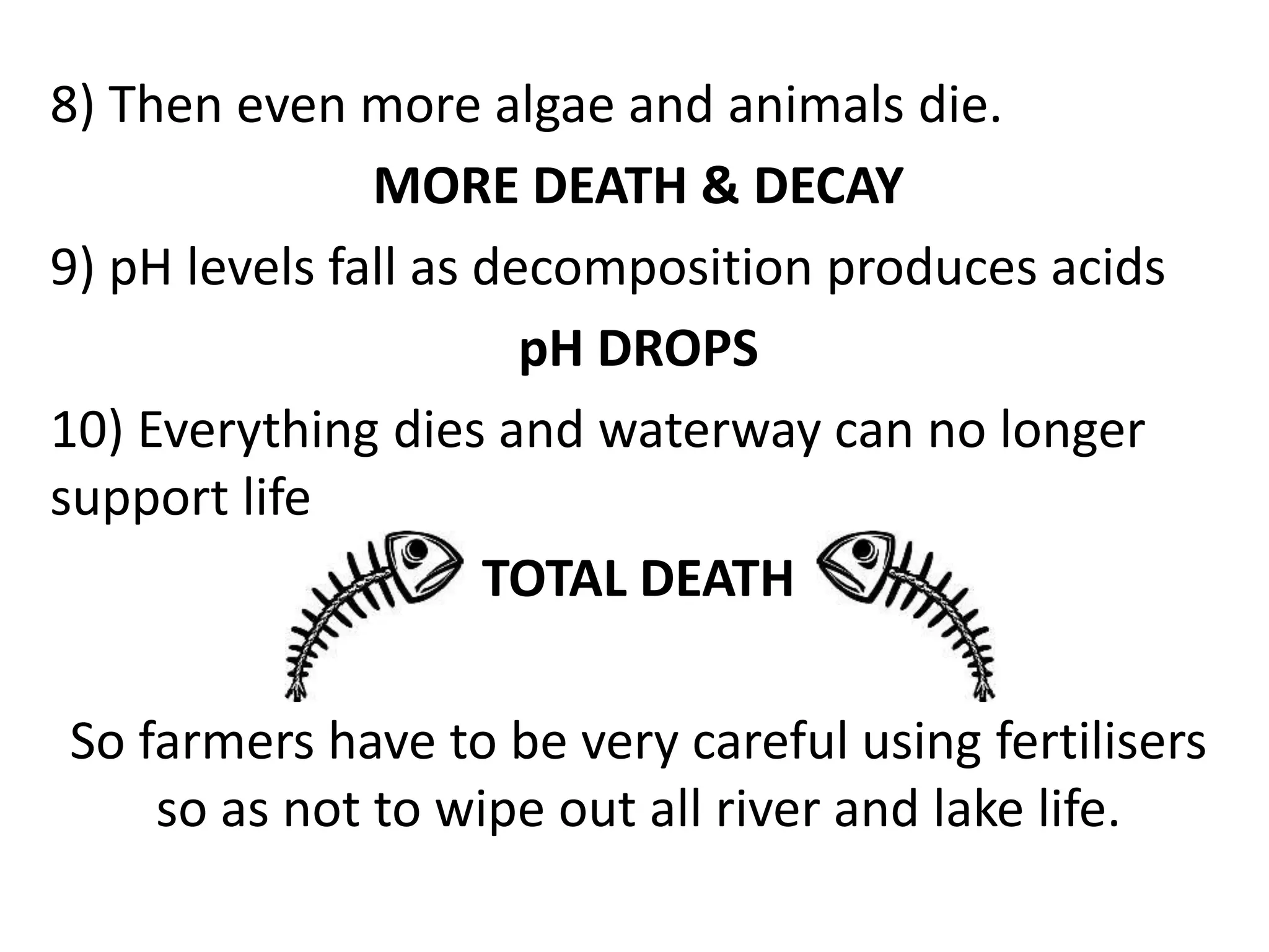 8) Then even more algae and animals die. 
MORE DEATH & DECAY 
9) pH levels fall as decomposition produces acids 
pH DROPS 
10) Everything dies and waterway can no longer 
support life 
TOTAL DEATH 
So farmers have to be very careful using fertilisers 
so as not to wipe out all river and lake life. 
 