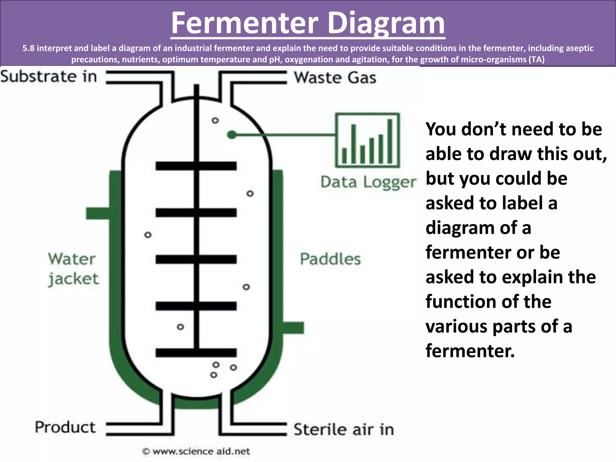 Fermenter Diagram 
5.8 interpret and label a diagram of an industrial fermenter and explain the need to provide suitable conditions in the fermenter, including aseptic 
precautions, nutrients, optimum temperature and pH, oxygenation and agitation, for the growth of micro-organisms (TA) 
You don’t need to be 
able to draw this out, 
but you could be 
asked to label a 
diagram of a 
fermenter or be 
asked to explain the 
function of the 
various parts of a 
fermenter. 
 