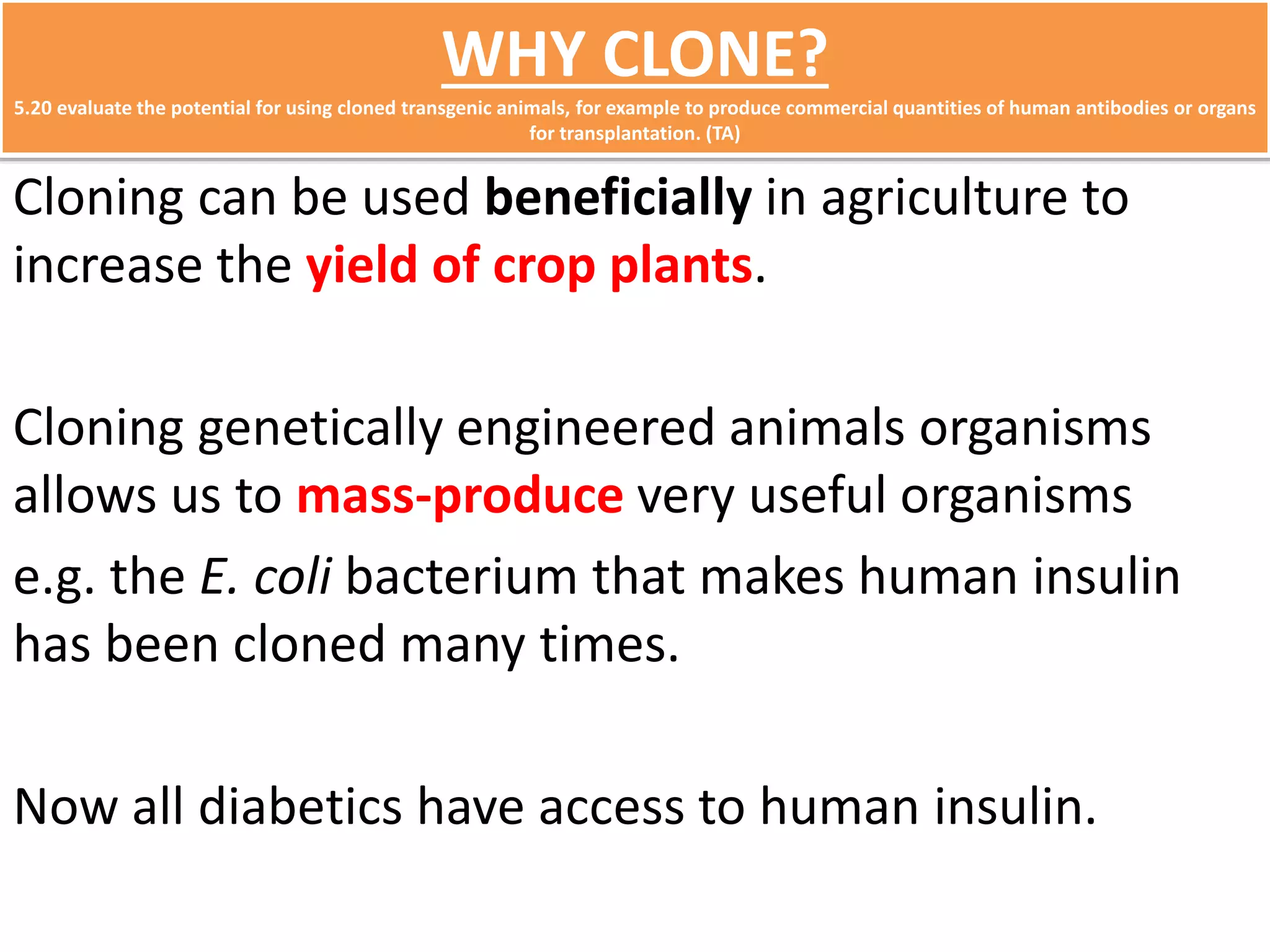 WHY CLONE? 
5.20 evaluate the potential for using cloned transgenic animals, for example to produce commercial quantities of human antibodies or organs 
for transplantation. (TA) 
Cloning can be used beneficially in agriculture to 
increase the yield of crop plants. 
Cloning genetically engineered animals organisms 
allows us to mass-produce very useful organisms 
e.g. the E. coli bacterium that makes human insulin 
has been cloned many times. 
Now all diabetics have access to human insulin. 
 