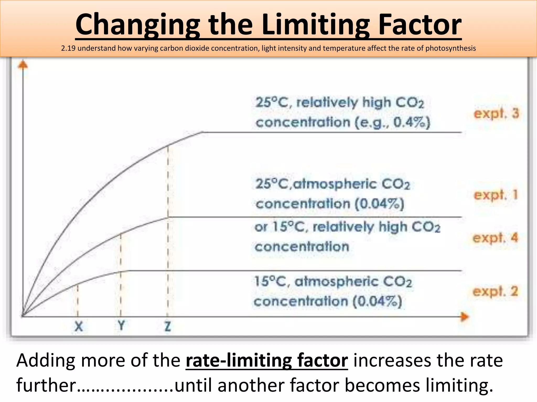 Changing the Limiting Factor 
2.19 understand how varying carbon dioxide concentration, light intensity and temperature affect the rate of photosynthesis 
Adding more of the rate-limiting factor increases the rate 
further…….............until another factor becomes limiting. 
 