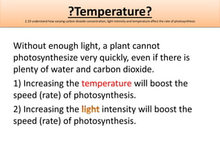 Changing the Limiting Factor 
2.19 understand how varying carbon dioxide concentration, light intensity and temperature af...