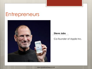 Steve Jobs
Co-founder of Apple Inc.
Entrepreneurs
www.igcsebusiness.co.uk
www.igcsebusiness.co.uk
 