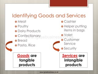Identifying Goods and Services
 Meat
 Poultry
 Dairy Products
 Confectionary
 Bread
 Pasta, Rice
 Cashier
 Helper putting
items in bags
 Valet
 Customer
Service
 Security
Goods are
tangible
products
Services are
intangible
products
www.igcsebusiness.co.uk
www.igcsebusiness.co.uk
 