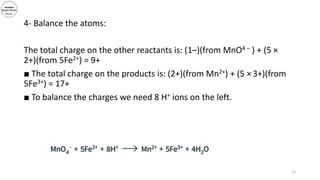 4- Balance the atoms:
The total charge on the other reactants is: (1–)(from MnO4 – ) + (5 ×
2+)(from 5Fe2+) = 9+
■ The total charge on the products is: (2+)(from Mn2+) + (5 × 3+)(from
5Fe3+) = 17+
■ To balance the charges we need 8 H+ ions on the left.
13
 