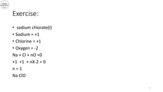 Exercise:
• sodium chlorate(I)
• Sodium = +1
• Chlorine = +1
• Oxygen = -2
Na + Cl + nO =0
+1 +1 + nX-2 = 0
n = 1
Na ClO
6
 