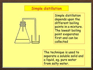 Simple distillation
Simple distillation
depends upon the
different boiling
points in a mixture.
The lowest boiling
point evaporates
first and can be
collected
The technique is used to
separate a soluble solid and
a liquid, eg. pure water
from salty water.
 