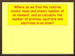 Where do we find the relative
atomic mass and atomic number of
an element, and so calculate the
number of protons, neutrons and
electrons in an atom?
 