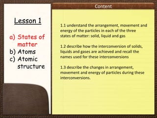 Content
Lesson 1
a) States of
matter
b) Atoms
c) Atomic
structure
1.1 understand the arrangement, movement and
energy of the particles in each of the three
states of matter: solid, liquid and gas
1.2 describe how the interconversion of solids,
liquids and gases are achieved and recall the
names used for these interconversions
1.3 describe the changes in arrangement,
movement and energy of particles during these
interconversions.
 