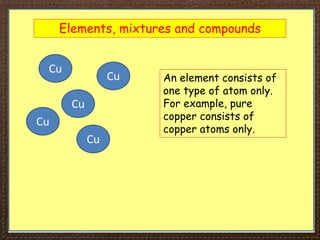 Elements, mixtures and compounds
Cu
Cu
Cu
Cu
Cu
An element consists of
one type of atom only.
For example, pure
copper consists of
copper atoms only.
 