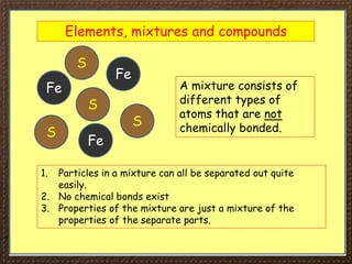 Elements, mixtures and compounds
A mixture consists of
different types of
atoms that are not
chemically bonded.
Fe
Fe
Fe
S
S
S
S
1. Particles in a mixture can all be separated out quite
easily.
2. No chemical bonds exist
3. Properties of the mixture are just a mixture of the
properties of the separate parts.
 