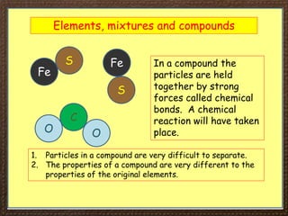 Elements, mixtures and compounds
Fe
Fe
S
S
C
O O
In a compound the
particles are held
together by strong
forces called chemical
bonds. A chemical
reaction will have taken
place.
1. Particles in a compound are very difficult to separate.
2. The properties of a compound are very different to the
properties of the original elements.
 