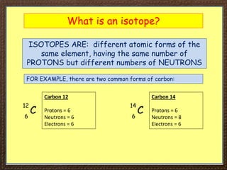 What is an isotope?
ISOTOPES ARE: different atomic forms of the
same element, having the same number of
PROTONS but different numbers of NEUTRONS
FOR EXAMPLE, there are two common forms of carbon:
C
12
6
Carbon 12
Protons = 6
Neutrons = 6
Electrons = 6
C
14
6
Carbon 14
Protons = 6
Neutrons = 8
Electrons = 6
 