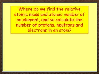 Where do we find the relative
atomic mass and atomic number of
an element, and so calculate the
number of protons, neutrons and
electrons in an atom?
 