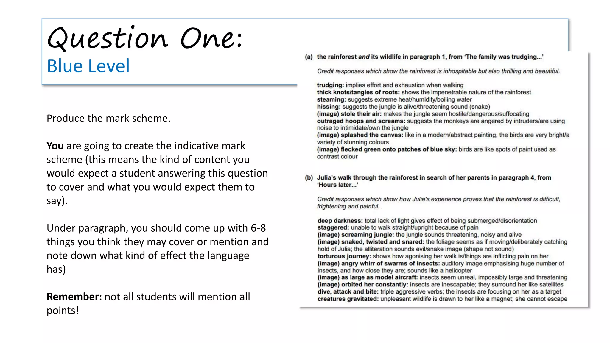 Question One:
Blue Level
Produce the mark scheme.
You are going to create the indicative mark
scheme (this means the kind of content you
would expect a student answering this question
to cover and what you would expect them to
say).
Under paragraph, you should come up with 6-8
things you think they may cover or mention and
note down what kind of effect the language
has)
Remember: not all students will mention all
points!
 