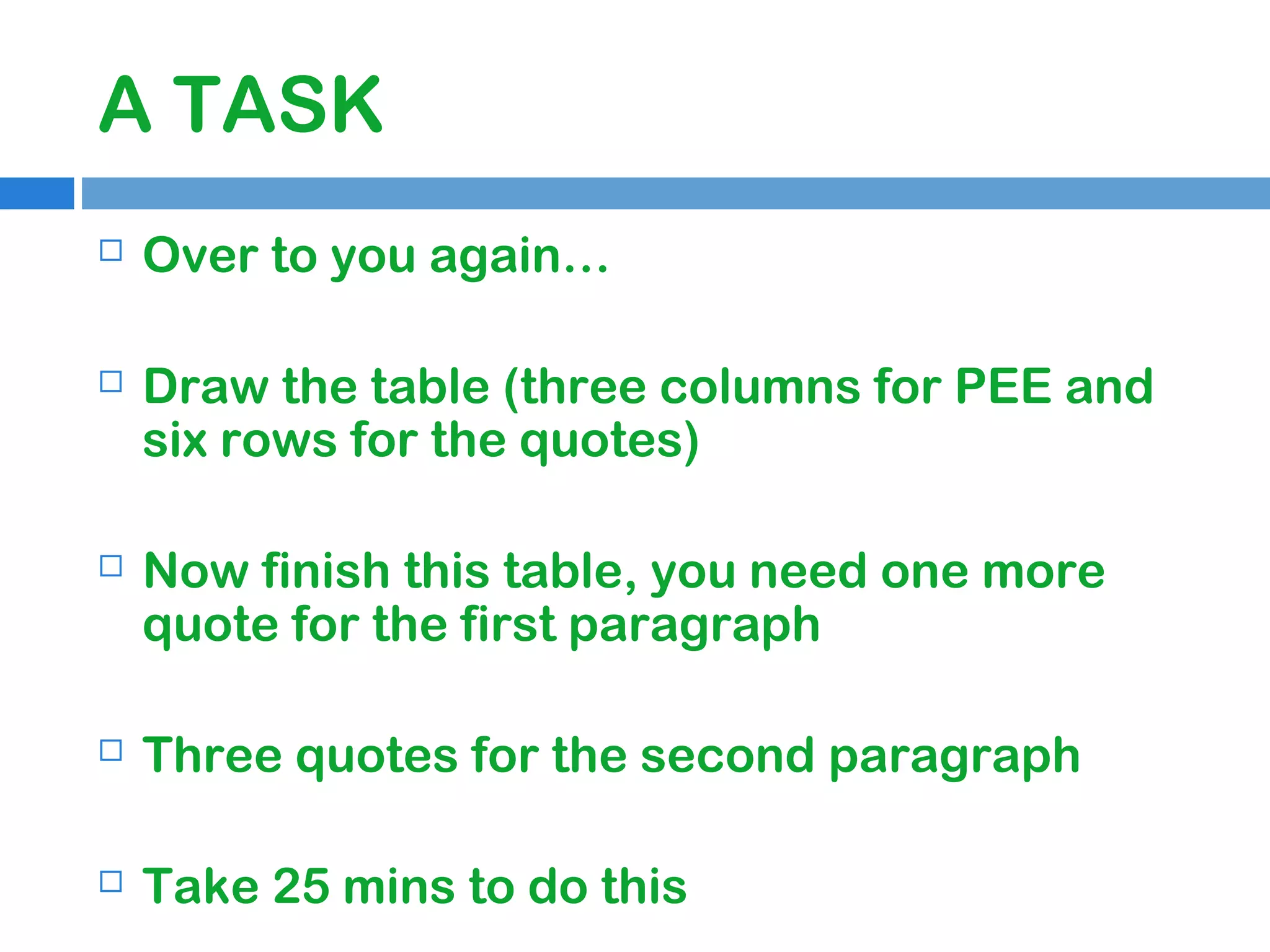 A TASK


Over to you again…



Draw the table (three columns for PEE and
six rows for the quotes)



Now finish this table, you need one more
quote for the first paragraph



Three quotes for the second paragraph



Take 25 mins to do this

 