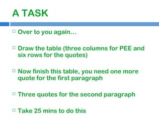 A TASK


Over to you again…



Draw the table (three columns for PEE and
six rows for the quotes)



Now finish this table, you need one more
quote for the first paragraph



Three quotes for the second paragraph



Take 25 mins to do this

 