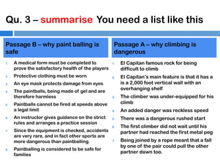 Qu. 3 – summarise You need a list like this
Passage B – why paint balling is
safe
1.

A medical form must be completed to
prove the satisfactory health of the players

2.

Protective clothing must be worn

3.

Passage A – why climbing is
dangerous
1.

An eye mask protects damage from eyes

4.

5.

6.

7.

8.

2.

El Capitan famous rock for being
difficult to climb
El Capitan’s main feature is that it has a
is a 2,000 foot vertical wall with an
overhanging shelf

The paintballs, being made of gel and are
therefore harmless

3.

Paintballs cannot be fired at speeds above
a legal limit

4.

An added danger was reckless speed

5.

There was a dangerous rushed start

An instructor gives guidance on the strict
rules and arranges a practice session
Since the equipment is checked, accidents
are very rare, and in fact other sports are
more dangerous than paintballing.
Paintballing is considered to be safe for
families

6.

7.

The climber was under-equipped for his
climb

The first climber did not wait until his
partner had reached the first metal peg
Being joined by a rope meant that a fall
by one of the pair could pull the other
partner down too.

 