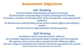 Assessment Objectives
AO1 Reading
R1 demonstrate understanding of explicit meanings
R2 demonstrate understanding of implicit meanings and attitudes
R3 analyse, evaluate and develop facts, ideas and opinions, using appropriate
evidences
R4 demonstrate understanding of how writers achieve effects and influence
readers
R5 select and use information for specific purposes.
AO2 Writing
Candidates will be assessed on their ability to:
W1 articulate experience and express what is thought, felt and imagined
W2 organise and structure ideas and opinions for deliberate effect
W3 use a range of vocabulary and sentence structures appropriate to context
 
