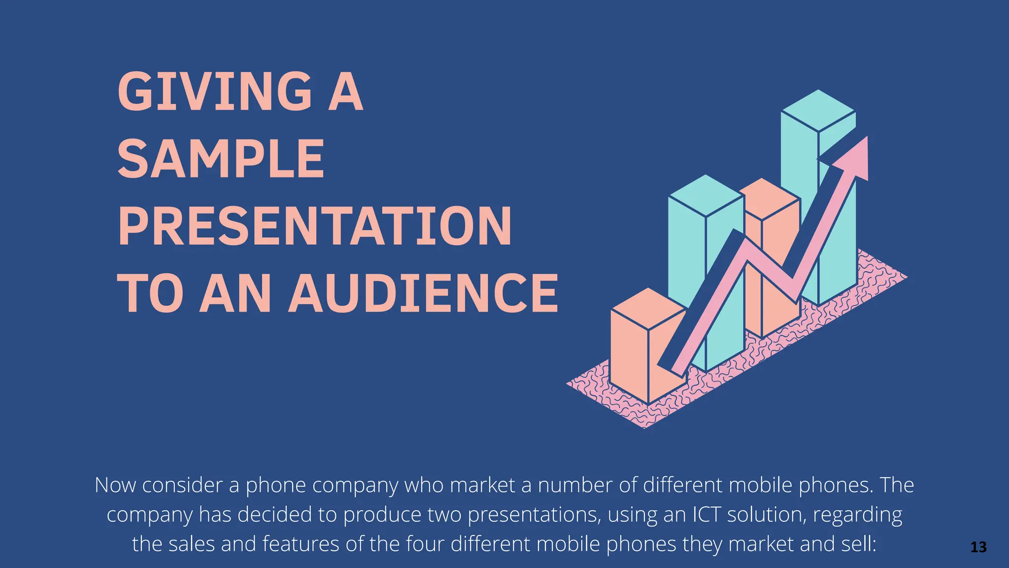 GIVING A
SAMPLE
PRESENTATION
TO AN AUDIENCE
Now consider a phone company who market a number of different mobile phones. The
company has decided to produce two presentations, using an ICT solution, regarding
the sales and features of the four different mobile phones they market and sell: 13
 
