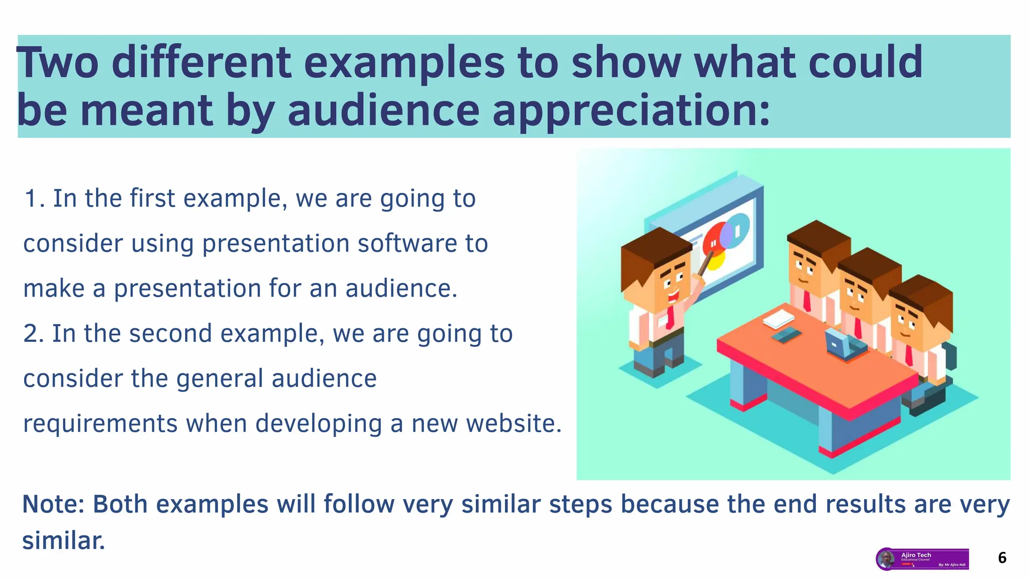 Two different examples to show what could
be meant by audience appreciation:
1. In the first example, we are going to
consider using presentation software to
make a presentation for an audience.
2. In the second example, we are going to
consider the general audience
requirements when developing a new website.
Note: Both examples will follow very similar steps because the end results are very
similar.
6
 