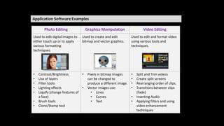 Application Software Examples
Photo Editing Graphics Manipulation Video Editing
Used to edit digital images to
either touch up or to apply
various formatting
techniques.
Used to create and edit
bitmap and vector graphics.
Used to edit and format video
using various tools and
techniques.
• Contrast/Brightness
• Use of layers
• Filter tools
• Lighting effects
• Liquify (change features of
a face)
• Brush tools
• Clone/Stamp tool
• Pixels in bitmap images
can be changed to
produce a different image.
• Vector images use:
• Lines
• Curves
• Text
• Split and Trim videos
• Create split screens
• Rearranging order of clips.
• Transitions between clips
(Fade)
• Inserting Audio
• Applying filters and using
video enhancement
techniques
 