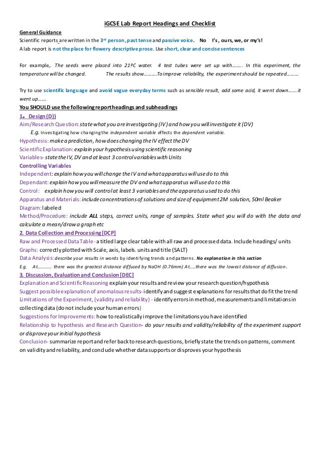 IGCSE Lab Report Headings and Checklist Guidance