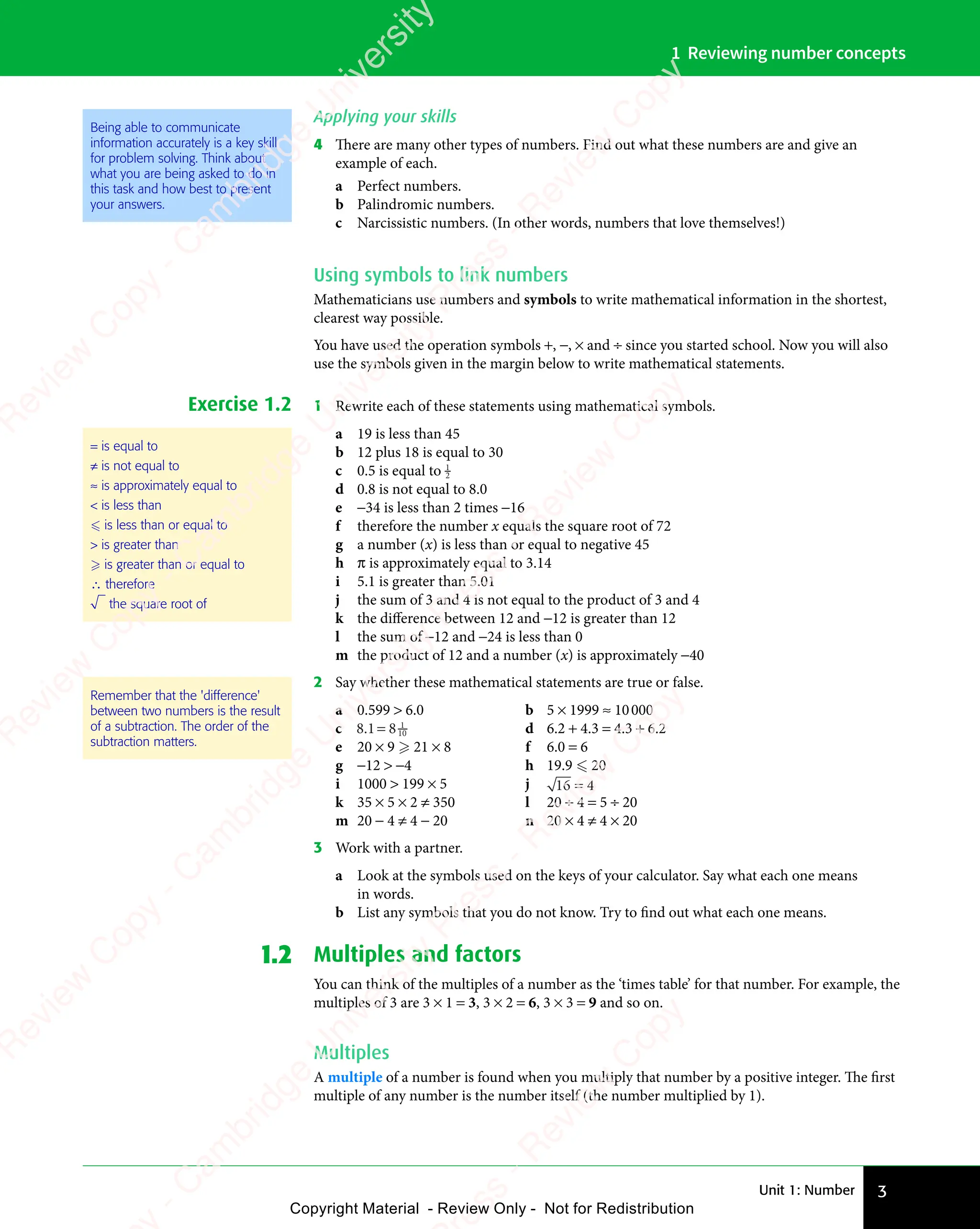 Unit 1: Number 3
1 Reviewing number concepts
Applying your skills
4 There are many other types of numbers. Find out what these numbers are and give an
example of each.
a Perfect numbers.
b Palindromic numbers.
c Narcissistic numbers. (In other words, numbers that love themselves!)
Using symbols to link numbers
Mathematicians use numbers and symbols to write mathematical information in the shortest,
clearest way possible.
You have used the operation symbols +, −, × and ÷ since you started school. Now you will also
use the symbols given in the margin below to write mathematical statements.
Exercise 1.2 1 Rewrite each of these statements using mathematical symbols.
a 19 is less than 45
b 12 plus 18 is equal to 30
c 0.5 is equal to 1
2
d 0.8 is not equal to 8.0
e −34 is less than 2 times −16
f therefore the number x equals the square root of 72
g a number (x) is less than or equal to negative 45
h π is approximately equal to 3.14
i 5.1 is greater than 5.01
j the sum of 3 and 4 is not equal to the product of 3 and 4
k the diﬀerence between 12 and −12 is greater than 12
l the sum of −12 and −24 is less than 0
m the product of 12 and a number (x) is approximately −40
2 Say whether these mathematical statements are true or false.
a 0.599 > 6.0 b 5 × 1999 ≈ 10000
c 8 1 8 1
10
8 1
8 1= d 6.2 + 4.3 = 4.3 + 6.2
e 20 × 9  21 × 8 f 6.0 = 6
g −12 > −4 h 19.9  20
i 1000 > 199 × 5 j 16 4
=
k 35 × 5 × 2 ≠ 350 l 20 ÷ 4 = 5 ÷ 20
m 20 − 4 ≠ 4 − 20 n 20 × 4 ≠ 4 × 20
3 Work with a partner.
a Look at the symbols used on the keys of your calculator. Say what each one means
in words.
b List any symbols that you do not know. Try to find out what each one means.
1.2 Multiples and factors
You can think of the multiples of a number as the ‘times table’ for that number. For example, the
multiples of 3 are 3 × 1 = 3, 3 × 2 = 6, 3 × 3 = 9 and so on.
Multiples
A multiple of a number is found when you multiply that number by a positive integer. The first
multiple of any number is the number itself (the number multiplied by 1).
Being able to communicate
information accurately is a key skill
for problem solving. Think about
what you are being asked to do in
this task and how best to present
your answers.
= is equal to
≠ is not equal to
≈ is approximately equal to
< is less than
 is less than or equal to
> is greater than
 is greater than or equal to
∴ therefore
the square root of
Remember that the 'difference'
between two numbers is the result
of a subtraction. The order of the
subtraction matters.
e
s
s
-
R
e
v
i
e
w
C
o
p
y
-
C
a
m
b
r
i
d
g
e
U
n
i
v
e
r
s
i
t
y
P
r
e
s
s
-
R
e
v
i
e
w
C
o
p
y
R
e
v
i
e
w
C
o
p
y
-
C
a
m
b
r
i
d
g
e
U
n
i
v
e
r
s
i
t
y
P
r
e
s
s
-
R
e
v
i
e
w
C
o
p
y
R
e
v
i
e
w
C
o
p
y
-
C
a
m
b
r
i
d
g
e
U
n
i
v
e
r
s
i
t
y
P
r
e
s
s
-
R
e
v
i
e
w
C
o
p
y
R
e
v
i
e
w
C
o
p
y
-
C
a
m
b
r
i
d
g
e
U
n
i
v
e
r
s
i
t
y
Copyright Material - Review Only - Not for Redistribution
 