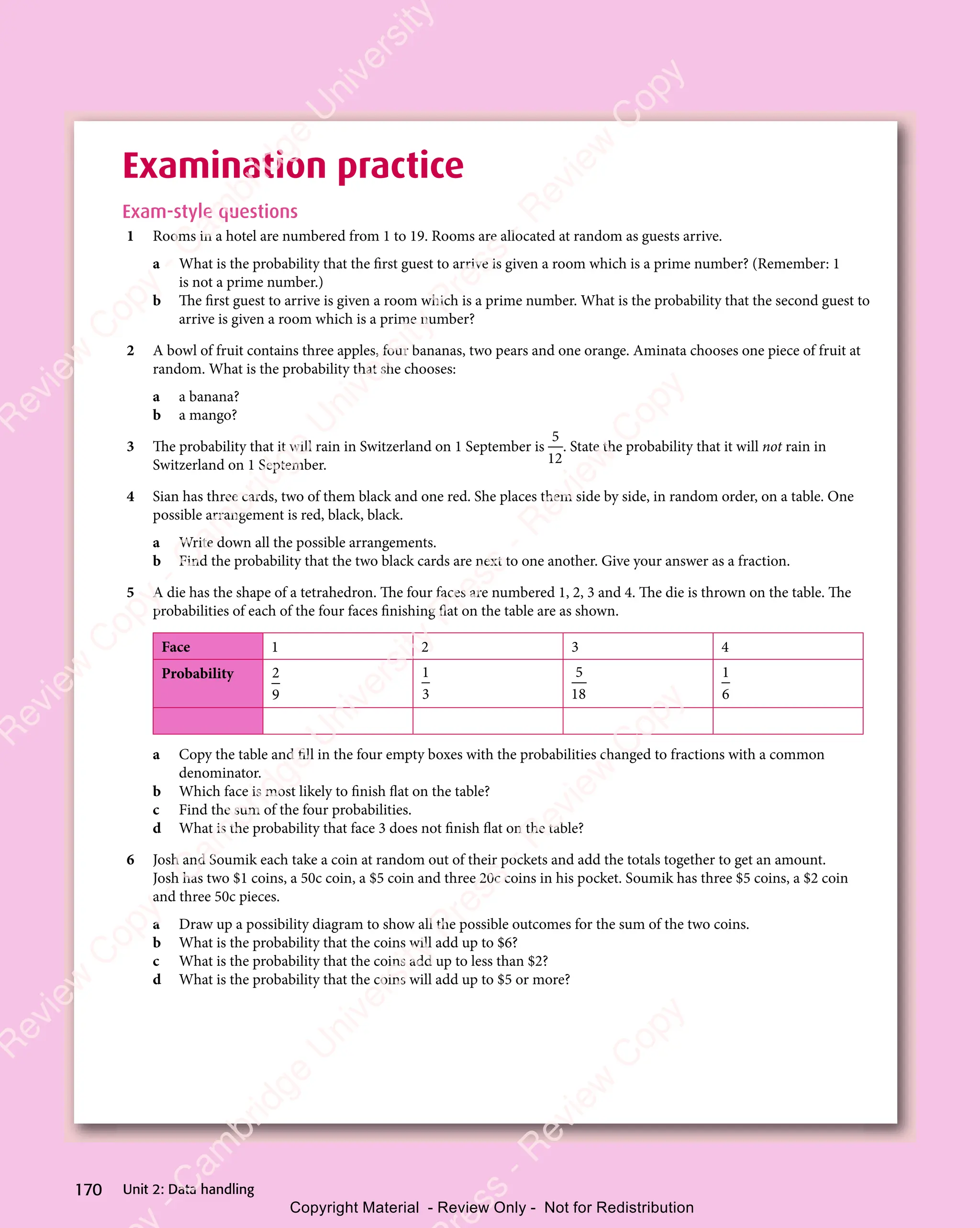 Unit 2: Data handling
170
Examination practice
Exam-style questions
1 Rooms in a hotel are numbered from 1 to 19. Rooms are allocated at random as guests arrive.
a What is the probability that the first guest to arrive is given a room which is a prime number? (Remember: 1
is not a prime number.)
b The first guest to arrive is given a room which is a prime number. What is the probability that the second guest to
arrive is given a room which is a prime number?
2 A bowl of fruit contains three apples, four bananas, two pears and one orange. Aminata chooses one piece of fruit at
random. What is the probability that she chooses:
a a banana?
b a mango?
3 The probability that it will rain in Switzerland on 1 September is
5
12
. State the probability that it will not rain in
Switzerland on 1 September.
4 Sian has three cards, two of them black and one red. She places them side by side, in random order, on a table. One
possible arrangement is red, black, black.
a Write down all the possible arrangements.
b Find the probability that the two black cards are next to one another. Give your answer as a fraction.
5 A die has the shape of a tetrahedron. The four faces are numbered 1, 2, 3 and 4. The die is thrown on the table. The
probabilities of each of the four faces finishing flat on the table are as shown.
Face 1 2 3 4
Probability 2
9
1
3
5
18
1
6
a Copy the table and fill in the four empty boxes with the probabilities changed to fractions with a common
denominator.
b Which face is most likely to finish flat on the table?
c Find the sum of the four probabilities.
d What is the probability that face 3 does not finish flat on the table?
6 Josh and Soumik each take a coin at random out of their pockets and add the totals together to get an amount.
Josh has two $1 coins, a 50c coin, a $5 coin and three 20c coins in his pocket. Soumik has three $5 coins, a $2 coin
and three 50c pieces.
a Draw up a possibility diagram to show all the possible outcomes for the sum of the two coins.
b What is the probability that the coins will add up to $6?
c What is the probability that the coins add up to less than $2?
d What is the probability that the coins will add up to $5 or more?
e
s
s
-
R
e
v
i
e
w
C
o
p
y
-
C
a
m
b
r
i
d
g
e
U
n
i
v
e
r
s
i
t
y
P
r
e
s
s
-
R
e
v
i
e
w
C
o
p
y
R
e
v
i
e
w
C
o
p
y
-
C
a
m
b
r
i
d
g
e
U
n
i
v
e
r
s
i
t
y
P
r
e
s
s
-
R
e
v
i
e
w
C
o
p
y
R
e
v
i
e
w
C
o
p
y
-
C
a
m
b
r
i
d
g
e
U
n
i
v
e
r
s
i
t
y
P
r
e
s
s
-
R
e
v
i
e
w
C
o
p
y
R
e
v
i
e
w
C
o
p
y
-
C
a
m
b
r
i
d
g
e
U
n
i
v
e
r
s
i
t
y
Copyright Material - Review Only - Not for Redistribution
 