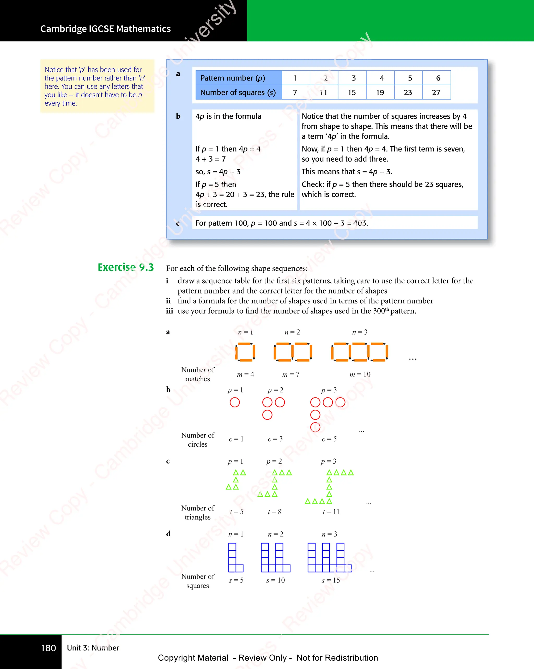 Cambridge IGCSE Mathematics
180 Unit 3: Number
Exercise 9.3 For each of the following shape sequences:
i draw a sequence table for the first six patterns, taking care to use the correct letter for the
pattern number and the correct letter for the number of shapes
ii find a formula for the number of shapes used in terms of the pattern number
iii use your formula to find the number of shapes used in the 300th
pattern.
Notice that ‘p’ has been used for
the pattern number rather than ‘n’
here. You can use any letters that
you like – it doesn’t have to be n
every time.
a
Pattern number (p) 1 2 3 4 5 6
Number of squares (s) 7 11 15 19 23 27
b 4p is in the formula Notice that the number of squares increases by 4
from shape to shape. This means that there will be
a term ‘4p’ in the formula.
If p = 1 then 4p = 4
4 + 3 = 7
Now, if p = 1 then 4p = 4. The ﬁrst term is seven,
so you need to add three.
so, s = 4p + 3 This means that s = 4p + 3.
If p = 5 then
4p + 3 = 20 + 3 = 23, the rule
is correct.
Check: if p = 5 then there should be 23 squares,
which is correct.
c For pattern 100, p = 100 and s = 4 × 100 + 3 = 403.
a n = 1 n = 3
n = 2
m = 4 m = 10
m = 7
Number of
matches
...
b p = 3
c = 3
p = 2
c = 5
Number of
circles
p = 1
c = 1
...
c
Number of
triangles
p = 1
t = 5
p = 2
t = 8
p = 3
t = 11
...
d
Number of
squares
n = 1
s = 5
n = 2
s = 10
n = 3
s = 15
...
e
s
s
-
R
e
v
i
e
w
C
o
p
y
-
C
a
m
b
r
i
d
g
e
U
n
i
v
e
r
s
i
t
y
P
r
e
s
s
-
R
e
v
i
e
w
C
o
p
y
R
e
v
i
e
w
C
o
p
y
-
C
a
m
b
r
i
d
g
e
U
n
i
v
e
r
s
i
t
y
P
r
e
s
s
-
R
e
v
i
e
w
C
o
p
y
R
e
v
i
e
w
C
o
p
y
-
C
a
m
b
r
i
d
g
e
U
n
i
v
e
r
s
i
t
y
P
r
e
s
s
-
R
e
v
i
e
w
C
o
p
y
R
e
v
i
e
w
C
o
p
y
-
C
a
m
b
r
i
d
g
e
U
n
i
v
e
r
s
i
t
y
Copyright Material - Review Only - Not for Redistribution
 