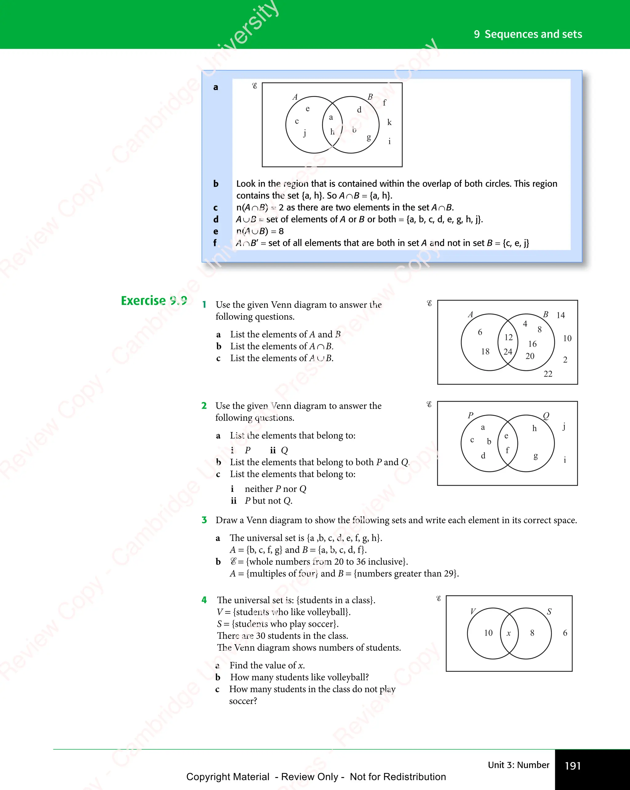 191
Unit 3: Number
9 Sequences and sets
Exercise 9.9 1 Use the given Venn diagram to answer the
following questions.
a List the elements of A and B
b List the elements of A∩B.
c List the elements of A∪B.
A B
6
18 24
12
4
8
16
20 2
10
22
14
2 Use the given Venn diagram to answer the
following questions.
a List the elements that belong to:
i P ii Q
b List the elements that belong to both P and Q.
c List the elements that belong to:
i neither P nor Q
ii P but not Q.
P Q
e
c
a h
g
f
j
i
b
d
3 Draw a Venn diagram to show the following sets and write each element in its correct space.
a The universal set is {a ,b, c, d, e, f, g, h}.
A = {b, c, f, g} and B = {a, b, c, d, f}.
b ℰ = {whole numbers from 20 to 36 inclusive}.
A = {multiples of four} and B = {numbers greater than 29}.
4 The universal set is: {students in a class}.
V = {students who like volleyball}.
S = {students who play soccer}.
There are 30 students in the class.
The Venn diagram shows numbers of students.
a Find the value of x.
b How many students like volleyball?
c How many students in the class do not play
soccer?
V S
10 8 6
x
a
b
c
d
e
f
A B
a
c
j
e d
g
b
h
f
k
i
Look in the region that is contained within the overlap of both circles. This region
contains the set {a, h}. So A∩B = {a, h}.
n(A∩B) = 2 as there are two elements in the set A∩B.
A∪B = set of elements of A or B or both = {a, b, c, d, e, g, h, j}.
n(A∪B) = 8
A∩B’ = set of all elements that are both in set A and not in set B = {c, e, j}
e
s
s
-
R
e
v
i
e
w
C
o
p
y
-
C
a
m
b
r
i
d
g
e
U
n
i
v
e
r
s
i
t
y
P
r
e
s
s
-
R
e
v
i
e
w
C
o
p
y
R
e
v
i
e
w
C
o
p
y
-
C
a
m
b
r
i
d
g
e
U
n
i
v
e
r
s
i
t
y
P
r
e
s
s
-
R
e
v
i
e
w
C
o
p
y
R
e
v
i
e
w
C
o
p
y
-
C
a
m
b
r
i
d
g
e
U
n
i
v
e
r
s
i
t
y
P
r
e
s
s
-
R
e
v
i
e
w
C
o
p
y
R
e
v
i
e
w
C
o
p
y
-
C
a
m
b
r
i
d
g
e
U
n
i
v
e
r
s
i
t
y
Copyright Material - Review Only - Not for Redistribution
 