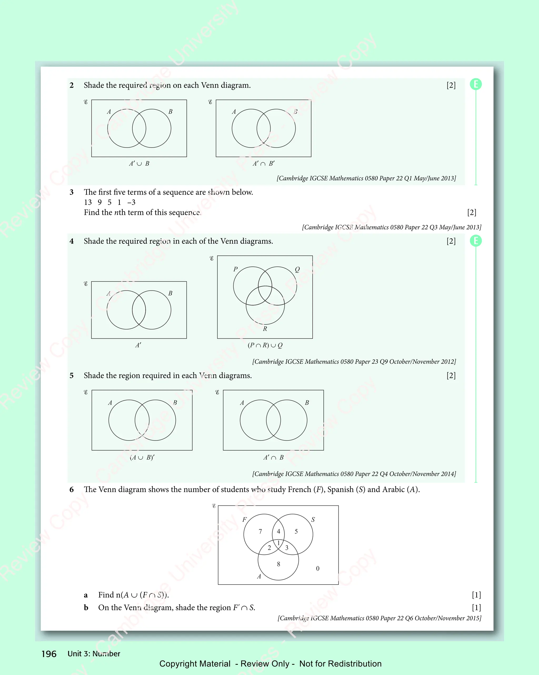 Unit 3: Number
196
2 Shade the required region on each Venn diagram. [2]
A B A B
A′ ∪ B A′ ∩ B′
[Cambridge IGCSE Mathematics 0580 Paper 22 Q1 May/June 2013]
3 The first five terms of a sequence are shown below.
13 9 5 1 –3
Find the nth term of this sequence. [2]
[Cambridge IGCSE Mathematics 0580 Paper 22 Q3 May/June 2013]
4 Shade the required region in each of the Venn diagrams. [2]
P Q
R
(P ∩ R) ∪ Q
A B
A′
[Cambridge IGCSE Mathematics 0580 Paper 23 Q9 October/November 2012]
5 Shade the region required in each Venn diagrams. [2]
A B A B
(A ∪ B)′ A′ ∩ B
[Cambridge IGCSE Mathematics 0580 Paper 22 Q4 October/November 2014]
6 The Venn diagram shows the number of students who study French (F), Spanish (S) and Arabic (A).
F S
A
7 4
1
2 3
5
8
0
a Find n(A ∪ (F ∩ S)). [1]
b On the Venn diagram, shade the region F' ∩ S. [1]
[Cambridge IGCSE Mathematics 0580 Paper 22 Q6 October/November 2015]
E
E
e
s
s
-
R
e
v
i
e
w
C
o
p
y
-
C
a
m
b
r
i
d
g
e
U
n
i
v
e
r
s
i
t
y
P
r
e
s
s
-
R
e
v
i
e
w
C
o
p
y
R
e
v
i
e
w
C
o
p
y
-
C
a
m
b
r
i
d
g
e
U
n
i
v
e
r
s
i
t
y
P
r
e
s
s
-
R
e
v
i
e
w
C
o
p
y
R
e
v
i
e
w
C
o
p
y
-
C
a
m
b
r
i
d
g
e
U
n
i
v
e
r
s
i
t
y
P
r
e
s
s
-
R
e
v
i
e
w
C
o
p
y
R
e
v
i
e
w
C
o
p
y
-
C
a
m
b
r
i
d
g
e
U
n
i
v
e
r
s
i
t
y
Copyright Material - Review Only - Not for Redistribution
 