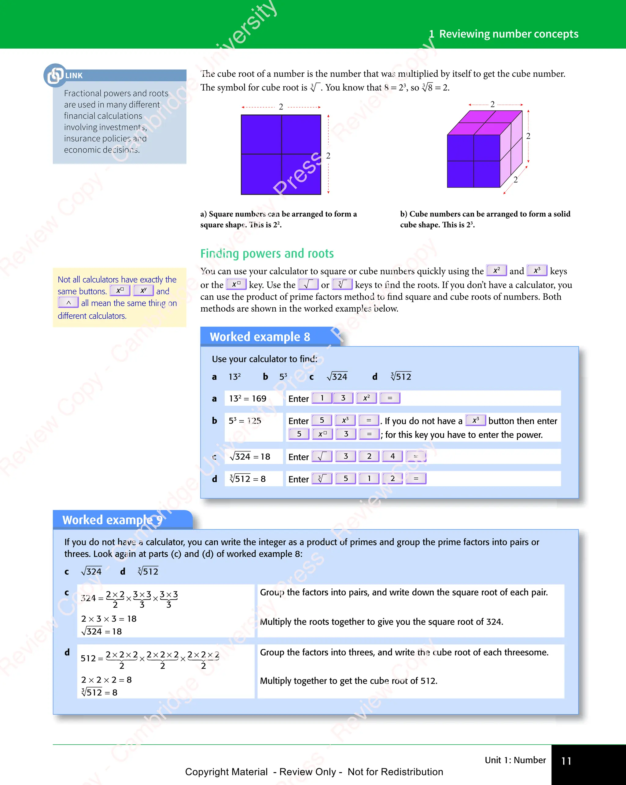 Unit 1: Number 11
1 Reviewing number concepts
The cube root of a number is the number that was multiplied by itself to get the cube number.
The symbol for cube root is 3
. You know that 8 = 23
, so 8
3
= 2.
2
2
a) Square numbers can be arranged to form a
square shape. This is 22
.
2
2
2
b) Cube numbers can be arranged to form a solid
cube shape. This is 23
.
Finding powers and roots
You can use your calculator to square or cube numbers quickly using the x2
and x3
keys
or the x◻
key. Use the or keys to find the roots. If you don’t have a calculator, you
can use the product of prime factors method to find square and cube roots of numbers. Both
methods are shown in the worked examples below.
Worked example 8
Use your calculator to ﬁnd:
a 132
b 53
c 324 d 512
3
a 132
= 169 Enter 1 3 x2 =
b 53
= 125 Enter 5 x3 = . If you do not have a x3
button then enter
5 x◻
3 = ; for this key you have to enter the power.
c 324 18
= Enter 3 2 4 =
d 512 8
3
= Enter 5 1 2 =
Worked example 9
If you do not have a calculator, you can write the integer as a product of primes and group the prime factors into pairs or
threes. Look again at parts (c) and (d) of worked example 8:
c 324 d 512
3
c
324 2 2
2
3 3
3
3 3
3
= 2 2
2 2 × 3 3
3 3 × 3 3
3 3
  
×
 
2 × 3 × 3 = 18
324 18
=
Group the factors into pairs, and write down the square root of each pair.
Multiply the roots together to give you the square root of 324.
d
512 2 2 2
2
2 2 2
2
2 2 2
2
= 2 2 2
× ×
2 2 2 × 2 2 2
× ×
2 2 2 × 2 2 2
× ×
2 2 2
 
 
 
  
×
 
 
 
 
 
 
 
 
  
 
 
 
  
 
 
×
 
 
 
 

 
 

  
 
 
 
  
 

 
 

 

 
2 × 2 × 2 = 8
512 8
3
=
Group the factors into threes, and write the cube root of each threesome.
Multiply together to get the cube root of 512.
Not all calculators have exactly the
same buttons. x◻
xy
and
∧ all mean the same thing on
different calculators.
Fractional powers and roots
are used in many diﬀerent
financial calculations
involving investments,
insurance policies and
economic decisions.
LINK
e
s
s
-
R
e
v
i
e
w
C
o
p
y
-
C
a
m
b
r
i
d
g
e
U
n
i
v
e
r
s
i
t
y
P
r
e
s
s
-
R
e
v
i
e
w
C
o
p
y
R
e
v
i
e
w
C
o
p
y
-
C
a
m
b
r
i
d
g
e
U
n
i
v
e
r
s
i
t
y
P
r
e
s
s
-
R
e
v
i
e
w
C
o
p
y
R
e
v
i
e
w
C
o
p
y
-
C
a
m
b
r
i
d
g
e
U
n
i
v
e
r
s
i
t
y
P
r
e
s
s
-
R
e
v
i
e
w
C
o
p
y
R
e
v
i
e
w
C
o
p
y
-
C
a
m
b
r
i
d
g
e
U
n
i
v
e
r
s
i
t
y
Copyright Material - Review Only - Not for Redistribution
 