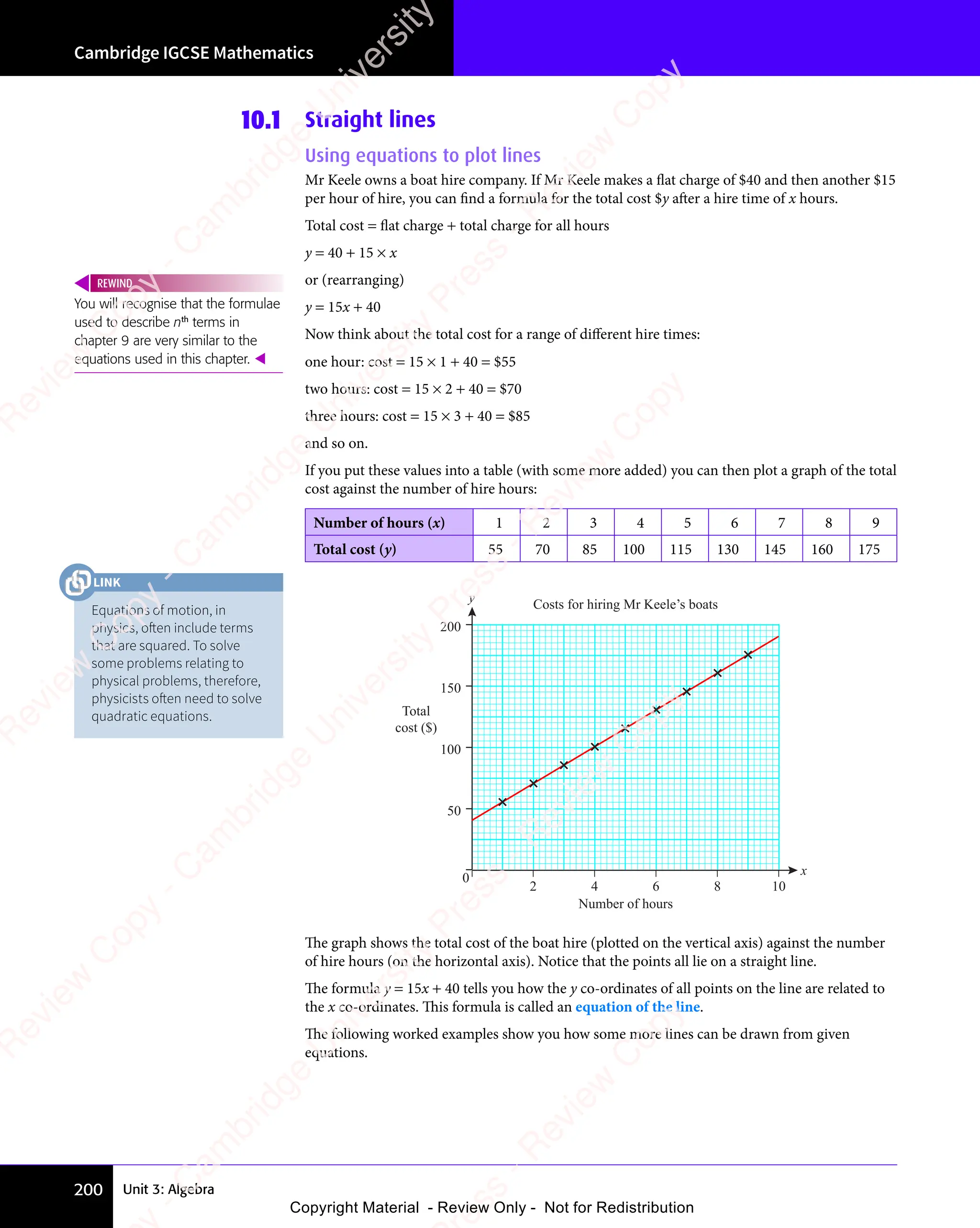 Unit 3: Algebra
Cambridge IGCSE Mathematics
200
10.1 Straight lines
Using equations to plot lines
Mr Keele owns a boat hire company. If Mr Keele makes a flat charge of $40 and then another $15
per hour of hire, you can find a formula for the total cost $y after a hire time of x hours.
Total cost = flat charge + total charge for all hours
y = 40 + 15 × x
or (rearranging)
y = 15x + 40
Now think about the total cost for a range of diﬀerent hire times:
one hour: cost = 15 × 1 + 40 = $55
two hours: cost = 15 × 2 + 40 = $70
three hours: cost = 15 × 3 + 40 = $85
and so on.
If you put these values into a table (with some more added) you can then plot a graph of the total
cost against the number of hire hours:
Number of hours (x) 1 2 3 4 5 6 7 8 9
Total cost (y) 55 70 85 100 115 130 145 160 175
x
y
150
200
100
50
2 4 6 8 10
Costs for hiring Mr Keele’s boats
Total
cost ($)
Number of hours
0
The graph shows the total cost of the boat hire (plotted on the vertical axis) against the number
of hire hours (on the horizontal axis). Notice that the points all lie on a straight line.
The formula y = 15x + 40 tells you how the y co-ordinates of all points on the line are related to
the x co-ordinates. This formula is called an equation of the line.
The following worked examples show you how some more lines can be drawn from given
equations.
You will recognise that the formulae
used to describe nth
terms in
chapter 9 are very similar to the
equations used in this chapter. 
REWIND
Equations of motion, in
physics, often include terms
that are squared. To solve
some problems relating to
physical problems, therefore,
physicists often need to solve
quadratic equations.
LINK
e
s
s
-
R
e
v
i
e
w
C
o
p
y
-
C
a
m
b
r
i
d
g
e
U
n
i
v
e
r
s
i
t
y
P
r
e
s
s
-
R
e
v
i
e
w
C
o
p
y
R
e
v
i
e
w
C
o
p
y
-
C
a
m
b
r
i
d
g
e
U
n
i
v
e
r
s
i
t
y
P
r
e
s
s
-
R
e
v
i
e
w
C
o
p
y
R
e
v
i
e
w
C
o
p
y
-
C
a
m
b
r
i
d
g
e
U
n
i
v
e
r
s
i
t
y
P
r
e
s
s
-
R
e
v
i
e
w
C
o
p
y
R
e
v
i
e
w
C
o
p
y
-
C
a
m
b
r
i
d
g
e
U
n
i
v
e
r
s
i
t
y
Copyright Material - Review Only - Not for Redistribution
 
