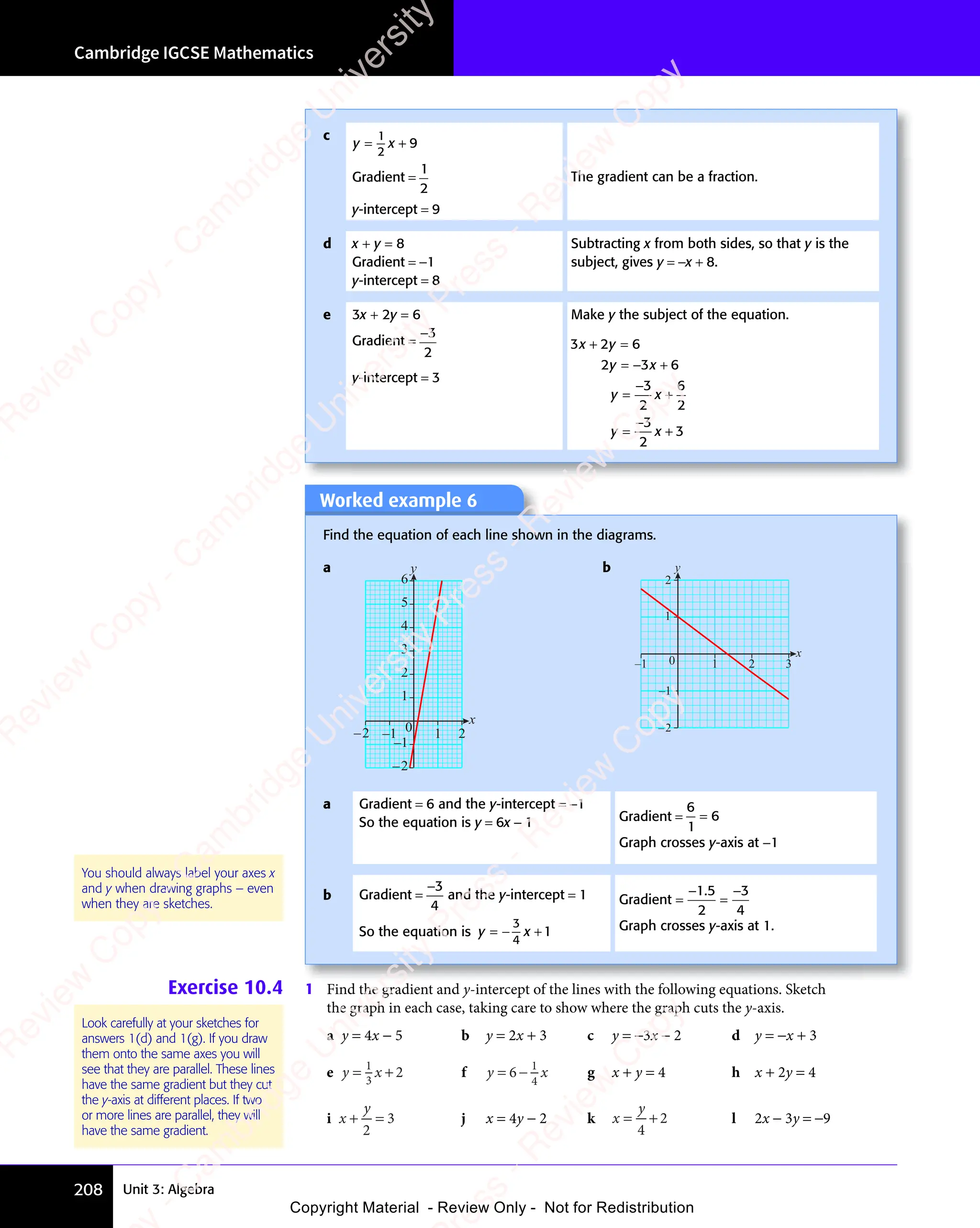 Unit 3: Algebra
Cambridge IGCSE Mathematics
208
Worked example 6
Find the equation of each line shown in the diagrams.
a
x
y
–2
–1
2
3
4
5
6
1
–2 –1 0 1 2
b
x
y
–2
–1
2
–1 0 1
1
3
2
a Gradient = 6 and the y-intercept = −1
So the equation is y = 6x − 1 Gradient =
6
1
6
=
Graph crosses y-axis at −1
b Gradient =
−3
4
and the y-intercept = 1
So the equation is y x
y x
y x
= −
y x +
3
4
y x
y x 1
Gradient =
−
=
−
1 5
2
3
4
1 5
1 5
Graph crosses y-axis at 1.
Exercise 10.4 1 Find the gradient and y-intercept of the lines with the following equations. Sketch
the graph in each case, taking care to show where the graph cuts the y-axis.
a y = 4x − 5 b y = 2x + 3 c y = −3x − 2 d y = −x + 3
e y x
= +
y x
= +
y x
y x
= +
1
= +
= +
3
y x
y x
y x
= +
y x
= + 2 f y x
y x
y x
= −
y x
6
y x
y x
y x
= −
y x
= − 1
4
y x
y x g x + y = 4 h x + 2y = 4
i x
y
+ =
+ =
y
+ =
2
3 j x = 4y − 2 k x
y
= +
= +
y
= +
4
2 l 2x − 3y = −9
You should always label your axes x
and y when drawing graphs – even
when they are sketches.
Look carefully at your sketches for
answers 1(d) and 1(g). If you draw
them onto the same axes you will
see that they are parallel. These lines
have the same gradient but they cut
the y-axis at different places. If two
or more lines are parallel, they will
have the same gradient.
c
y x
= +
y x
= +
y x
y x
= +
1
2
y x
y x
y x
= +
y x
= + 9
Gradient =
1
2
y-intercept = 9
The gradient can be a fraction.
d x + y = 8
Gradient = −1
y-intercept = 8
Subtracting x from both sides, so that y is the
subject, gives y = −x + 8.
e 3x + 2y = 6
Gradient =
−3
2
y-intercept = 3
Make y the subject of the equation.
3 2 6
2 3 6
3
2
6
2
3
2
3
x y
3 2
x y
3 2
y x
2 3
y x
2 3
y x
2
y x
y x
2
y x
+ =
3 2
+ =
3 2
x y
+ =
3 2
x y
+ =
3 2
x y
= +
2 3
= +
y x
= +
2 3
y x
= +
2 3
y x
= +
y x
= +
y x
y x
= +
= +
y x
= +
y x
y x
= +
2 3
y x
= +
y x
2 3
y x
2 3
= +
y x
−
−
e
s
s
-
R
e
v
i
e
w
C
o
p
y
-
C
a
m
b
r
i
d
g
e
U
n
i
v
e
r
s
i
t
y
P
r
e
s
s
-
R
e
v
i
e
w
C
o
p
y
R
e
v
i
e
w
C
o
p
y
-
C
a
m
b
r
i
d
g
e
U
n
i
v
e
r
s
i
t
y
P
r
e
s
s
-
R
e
v
i
e
w
C
o
p
y
R
e
v
i
e
w
C
o
p
y
-
C
a
m
b
r
i
d
g
e
U
n
i
v
e
r
s
i
t
y
P
r
e
s
s
-
R
e
v
i
e
w
C
o
p
y
R
e
v
i
e
w
C
o
p
y
-
C
a
m
b
r
i
d
g
e
U
n
i
v
e
r
s
i
t
y
Copyright Material - Review Only - Not for Redistribution
 