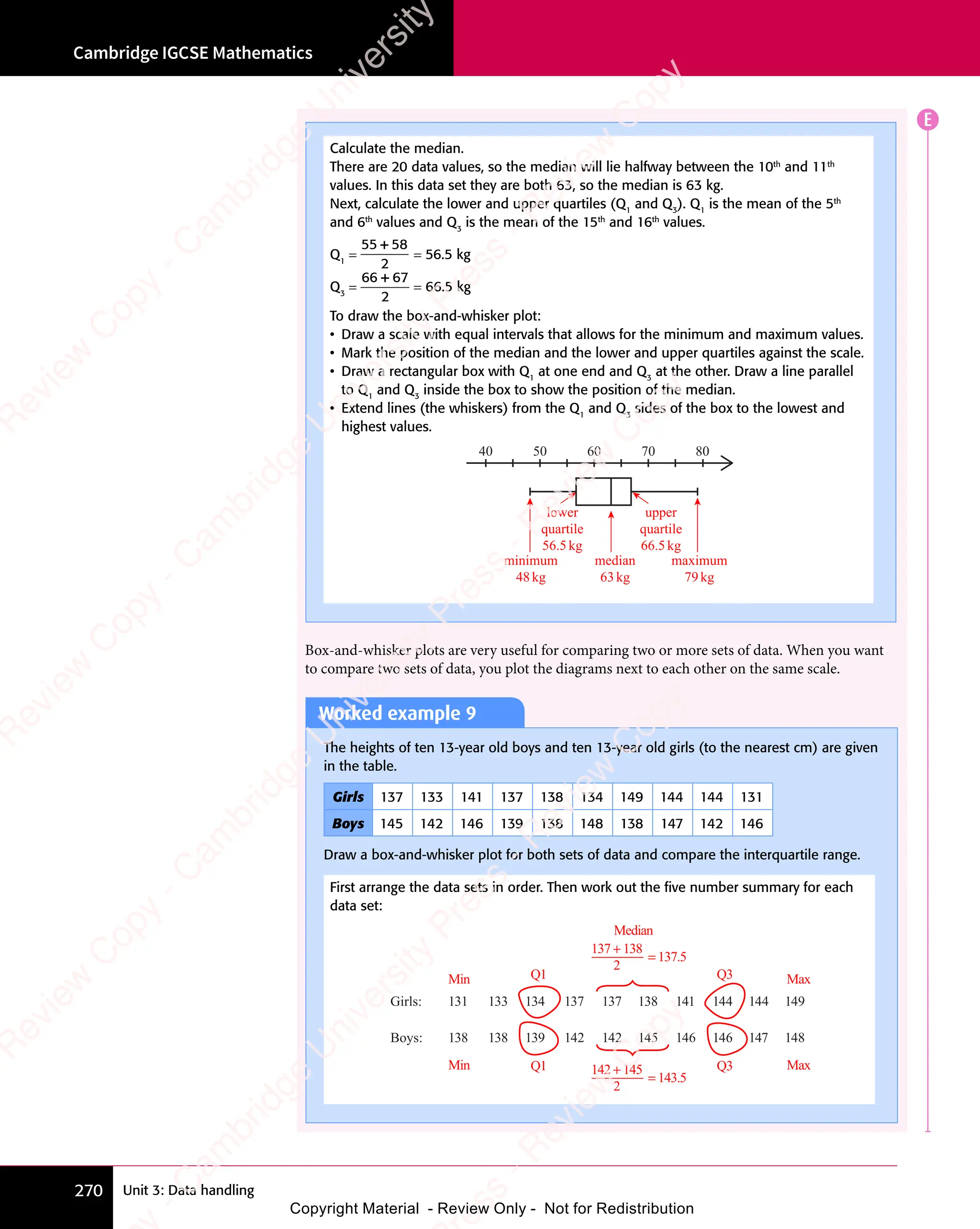 Unit 3: Data handling
Cambridge IGCSE Mathematics
270
E
Box-and-whisker plots are very useful for comparing two or more sets of data. When you want
to compare two sets of data, you plot the diagrams next to each other on the same scale.
Calculate the median.
There are 20 data values, so the median will lie halfway between the 10th
and 11th
values. In this data set they are both 63, so the median is 63 kg.
Next, calculate the lower and upper quartiles (Q1
and Q3
). Q1
is the mean of the 5th
and 6th
values and Q3
is the mean of the 15th
and 16th
values.
Q1
=
55 58
2
+
= 56.5 kg
Q3
=
66 67
2
+
= 66.5 kg
To draw the box-and-whisker plot:
• Draw a scale with equal intervals that allows for the minimum and maximum values.
• Mark the position of the median and the lower and upper quartiles against the scale.
• Draw a rectangular box with Q1
at one end and Q3
at the other. Draw a line parallel
to Q1
and Q3
inside the box to show the position of the median.
• Extend lines (the whiskers) from the Q1
and Q3
sides of the box to the lowest and
highest values.
40 50 60 70 80
lower
quartile
56.5kg
minimum
48kg
median
63kg
maximum
79kg
upper
quartile
66.5kg
Worked example 9
The heights of ten 13-year old boys and ten 13-year old girls (to the nearest cm) are given
in the table.
Girls 137 133 141 137 138 134 149 144 144 131
Boys 145 142 146 139 138 148 138 147 142 146
Draw a box-and-whisker plot for both sets of data and compare the interquartile range.
First arrange the data sets in order. Then work out the ﬁve number summary for each
data set:
Girls: 131
Min
Min
Q1
Q1
Q3
Q3
Median
137 + 138
2
= 137.5
Max
Max
133 134 137 137 138 141 144 144 149
Boys: 138 138 139 142 142 145 146 146 147 148
142 + 145
2
= 143.5
e
s
s
-
R
e
v
i
e
w
C
o
p
y
-
C
a
m
b
r
i
d
g
e
U
n
i
v
e
r
s
i
t
y
P
r
e
s
s
-
R
e
v
i
e
w
C
o
p
y
R
e
v
i
e
w
C
o
p
y
-
C
a
m
b
r
i
d
g
e
U
n
i
v
e
r
s
i
t
y
P
r
e
s
s
-
R
e
v
i
e
w
C
o
p
y
R
e
v
i
e
w
C
o
p
y
-
C
a
m
b
r
i
d
g
e
U
n
i
v
e
r
s
i
t
y
P
r
e
s
s
-
R
e
v
i
e
w
C
o
p
y
R
e
v
i
e
w
C
o
p
y
-
C
a
m
b
r
i
d
g
e
U
n
i
v
e
r
s
i
t
y
Copyright Material - Review Only - Not for Redistribution
 