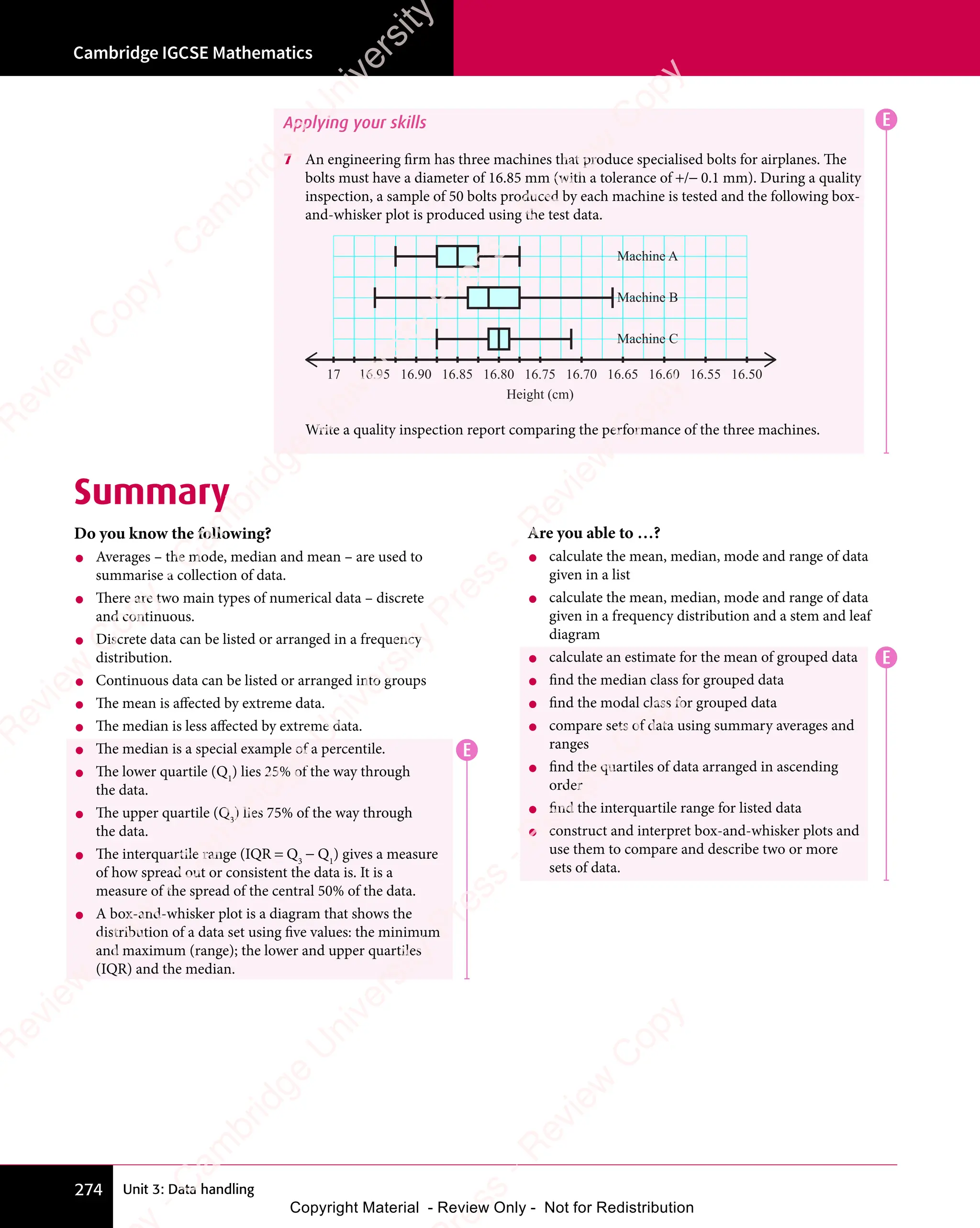 Unit 3: Data handling
Cambridge IGCSE Mathematics
274
E
Applying your skills
7 An engineering firm has three machines that produce specialised bolts for airplanes. The
bolts must have a diameter of 16.85 mm (with a tolerance of +/− 0.1 mm). During a quality
inspection, a sample of 50 bolts produced by each machine is tested and the following box-
and-whisker plot is produced using the test data.
17 16.95 16.90 16.85 16.80 16.75
Height (cm)
Machine C
16.70 16.65 16.60 16.55 16.50
Machine B
Machine A
Write a quality inspection report comparing the performance of the three machines.
Summary
Do you know the following?
• Averages – the mode, median and mean – are used to
summarise a collection of data.
• There are two main types of numerical data – discrete
and continuous.
• Discrete data can be listed or arranged in a frequency
distribution.
• Continuous data can be listed or arranged into groups
• The mean is affected by extreme data.
• The median is less affected by extreme data.
• The median is a special example of a percentile.
• The lower quartile (Q1
) lies 25% of the way through
the data.
• The upper quartile (Q3
) lies 75% of the way through
the data.
• The interquartile range (IQR = Q3
− Q1
) gives a measure
of how spread out or consistent the data is. It is a
measure of the spread of the central 50% of the data.
• A box-and-whisker plot is a diagram that shows the
distribution of a data set using five values: the minimum
and maximum (range); the lower and upper quartiles
(IQR) and the median.
Are you able to …?
• calculate the mean, median, mode and range of data
given in a list
• calculate the mean, median, mode and range of data
given in a frequency distribution and a stem and leaf
diagram
• calculate an estimate for the mean of grouped data
• find the median class for grouped data
• find the modal class for grouped data
• compare sets of data using summary averages and
ranges
• find the quartiles of data arranged in ascending
order
• find the interquartile range for listed data
• construct and interpret box-and-whisker plots and
use them to compare and describe two or more
sets of data.
E
E
e
s
s
-
R
e
v
i
e
w
C
o
p
y
-
C
a
m
b
r
i
d
g
e
U
n
i
v
e
r
s
i
t
y
P
r
e
s
s
-
R
e
v
i
e
w
C
o
p
y
R
e
v
i
e
w
C
o
p
y
-
C
a
m
b
r
i
d
g
e
U
n
i
v
e
r
s
i
t
y
P
r
e
s
s
-
R
e
v
i
e
w
C
o
p
y
R
e
v
i
e
w
C
o
p
y
-
C
a
m
b
r
i
d
g
e
U
n
i
v
e
r
s
i
t
y
P
r
e
s
s
-
R
e
v
i
e
w
C
o
p
y
R
e
v
i
e
w
C
o
p
y
-
C
a
m
b
r
i
d
g
e
U
n
i
v
e
r
s
i
t
y
Copyright Material - Review Only - Not for Redistribution
 