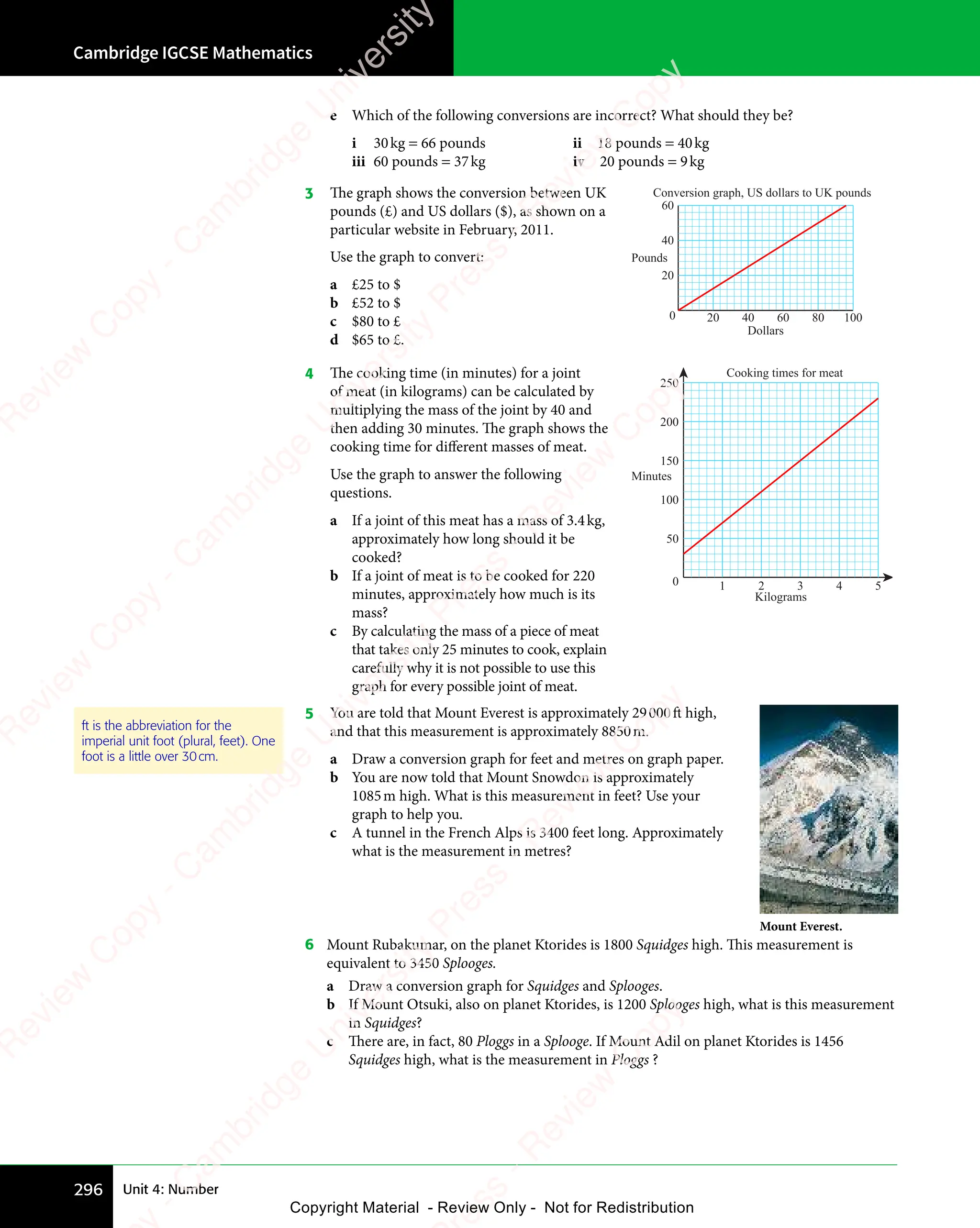 Cambridge IGCSE Mathematics
296 Unit 4: Number
e Which of the following conversions are incorrect? What should they be?
i 30kg = 66 pounds ii 18 pounds = 40kg
iii 60 pounds = 37kg iv 20 pounds = 9kg
3 The graph shows the conversion between UK
pounds (£) and US dollars ($), as shown on a
particular website in February, 2011.
Use the graph to convert:
a £25 to $
b £52 to $
c $80 to £
d $65 to £.
0 20 40 60 80 100
20
40
60
Pounds
Dollars
Conversion graph, US dollars to UK pounds
4 The cooking time (in minutes) for a joint
of meat (in kilograms) can be calculated by
multiplying the mass of the joint by 40 and
then adding 30 minutes. The graph shows the
cooking time for different masses of meat.
Use the graph to answer the following
questions.
a If a joint of this meat has a mass of 3.4kg,
approximately how long should it be
cooked?
b If a joint of meat is to be cooked for 220
minutes, approximately how much is its
mass?
c By calculating the mass of a piece of meat
that takes only 25 minutes to cook, explain
carefully why it is not possible to use this
graph for every possible joint of meat.
1 2 3 4 5
0
50
100
150
200
250
Minutes
Kilograms
Cooking times for meat
5 You are told that Mount Everest is approximately 29000ft high,
and that this measurement is approximately 8850m.
a Draw a conversion graph for feet and metres on graph paper.
b You are now told that Mount Snowdon is approximately
1085m high. What is this measurement in feet? Use your
graph to help you.
c A tunnel in the French Alps is 3400 feet long. Approximately
what is the measurement in metres?
6 Mount Rubakumar, on the planet Ktorides is 1800 Squidges high. This measurement is
equivalent to 3450 Splooges.
a Draw a conversion graph for Squidges and Splooges.
b If Mount Otsuki, also on planet Ktorides, is 1200 Splooges high, what is this measurement
in Squidges?
c There are, in fact, 80 Ploggs in a Splooge. If Mount Adil on planet Ktorides is 1456
Squidges high, what is the measurement in Ploggs ?
ft is the abbreviation for the
imperial unit foot (plural, feet). One
foot is a little over 30cm.
Mount Everest.
e
s
s
-
R
e
v
i
e
w
C
o
p
y
-
C
a
m
b
r
i
d
g
e
U
n
i
v
e
r
s
i
t
y
P
r
e
s
s
-
R
e
v
i
e
w
C
o
p
y
R
e
v
i
e
w
C
o
p
y
-
C
a
m
b
r
i
d
g
e
U
n
i
v
e
r
s
i
t
y
P
r
e
s
s
-
R
e
v
i
e
w
C
o
p
y
R
e
v
i
e
w
C
o
p
y
-
C
a
m
b
r
i
d
g
e
U
n
i
v
e
r
s
i
t
y
P
r
e
s
s
-
R
e
v
i
e
w
C
o
p
y
R
e
v
i
e
w
C
o
p
y
-
C
a
m
b
r
i
d
g
e
U
n
i
v
e
r
s
i
t
y
Copyright Material - Review Only - Not for Redistribution
 
