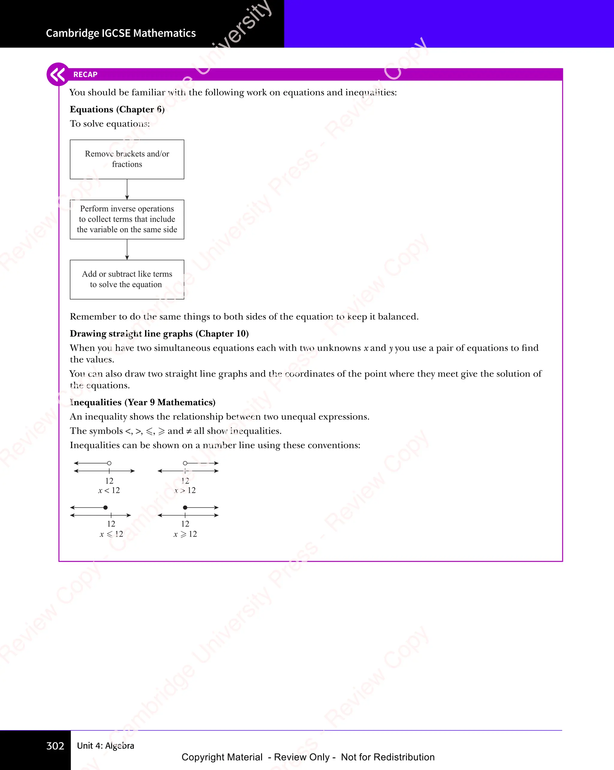 Cambridge IGCSE Mathematics
302 Unit 4: Algebra
RECAP
You should be familiar with the following work on equations and inequalities:
Equations (Chapter 6)
To solve equations:
Remove brackets and/or
fractions
Perform inverse operations
to collect terms that include
the variable on the same side
Add or subtract like terms
to solve the equation
Remember to do the same things to both sides of the equation to keep it balanced.
Drawing straight line graphs (Chapter 10)
When you have two simultaneous equations each with two unknowns x and y you use a pair of equations to ﬁnd
the values.
You can also draw two straight line graphs and the coordinates of the point where they meet give the solution of
the equations.
Inequalities (Year 9 Mathematics)
An inequality shows the relationship between two unequal expressions.
The symbols , , ,  and ≠ all show inequalities.
Inequalities can be shown on a number line using these conventions:
x 12
x  12
12 12
12 12
x  12
x 12
e
s
s
-
R
e
v
i
e
w
C
o
p
y
-
C
a
m
b
r
i
d
g
e
U
n
i
v
e
r
s
i
t
y
P
r
e
s
s
-
R
e
v
i
e
w
C
o
p
y
R
e
v
i
e
w
C
o
p
y
-
C
a
m
b
r
i
d
g
e
U
n
i
v
e
r
s
i
t
y
P
r
e
s
s
-
R
e
v
i
e
w
C
o
p
y
R
e
v
i
e
w
C
o
p
y
-
C
a
m
b
r
i
d
g
e
U
n
i
v
e
r
s
i
t
y
P
r
e
s
s
-
R
e
v
i
e
w
C
o
p
y
R
e
v
i
e
w
C
o
p
y
-
C
a
m
b
r
i
d
g
e
U
n
i
v
e
r
s
i
t
y
Copyright Material - Review Only - Not for Redistribution
 