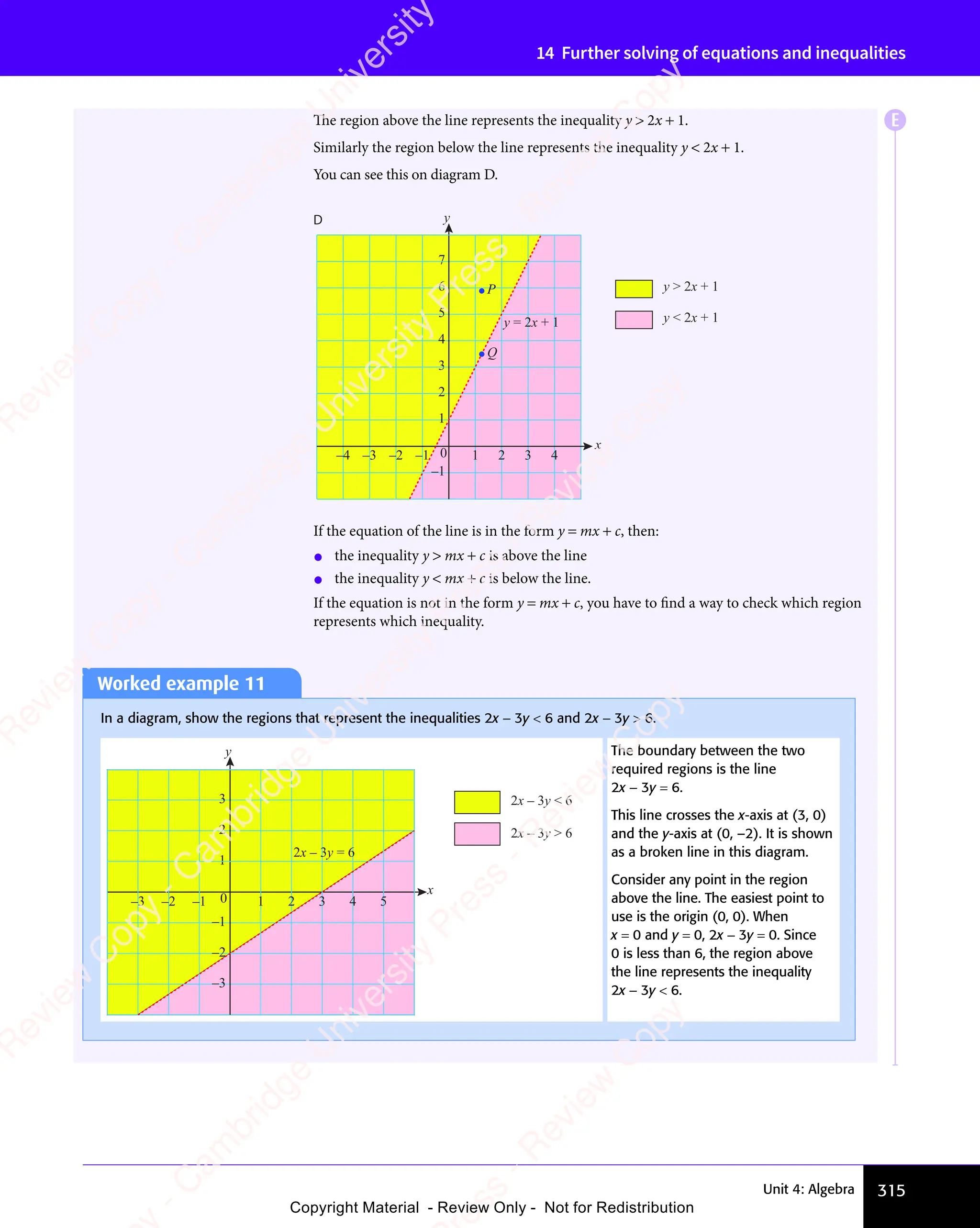 315
Unit 4: Algebra
14 Further solving of equations and inequalities
The region above the line represents the inequality y  2x + 1.
Similarly the region below the line represents the inequality y  2x + 1.
You can see this on diagram D.
y  2x + 1
y  2x + 1
–1
1
2
3
4
5
6
7
x
y
D
y = 2x + 1
Q
P
0 1 2 3 4
–4 –3 –2 –1
If the equation of the line is in the form y = mx + c, then:
• the inequality y  mx + c is above the line
• the inequality y  mx + c is below the line.
If the equation is not in the form y = mx + c, you have to find a way to check which region
represents which inequality.
Worked example 11
In a diagram, show the regions that represent the inequalities 2x − 3y  6 and 2x − 3y  6.
2x – 3y  6
2x – 3y  6
–3
–2
–1
0
1
2
3
x
y
1 2 3 4 5
–3 –2 –1
2x – 3y = 6
The boundary between the two
required regions is the line
2x − 3y = 6.
This line crosses the x-axis at (3, 0)
and the y-axis at (0, –2). It is shown
as a broken line in this diagram.
Consider any point in the region
above the line. The easiest point to
use is the origin (0, 0). When
x = 0 and y = 0, 2x − 3y = 0. Since
0 is less than 6, the region above
the line represents the inequality
2x − 3y  6.
E
e
s
s
-
R
e
v
i
e
w
C
o
p
y
-
C
a
m
b
r
i
d
g
e
U
n
i
v
e
r
s
i
t
y
P
r
e
s
s
-
R
e
v
i
e
w
C
o
p
y
R
e
v
i
e
w
C
o
p
y
-
C
a
m
b
r
i
d
g
e
U
n
i
v
e
r
s
i
t
y
P
r
e
s
s
-
R
e
v
i
e
w
C
o
p
y
R
e
v
i
e
w
C
o
p
y
-
C
a
m
b
r
i
d
g
e
U
n
i
v
e
r
s
i
t
y
P
r
e
s
s
-
R
e
v
i
e
w
C
o
p
y
R
e
v
i
e
w
C
o
p
y
-
C
a
m
b
r
i
d
g
e
U
n
i
v
e
r
s
i
t
y
Copyright Material - Review Only - Not for Redistribution
 