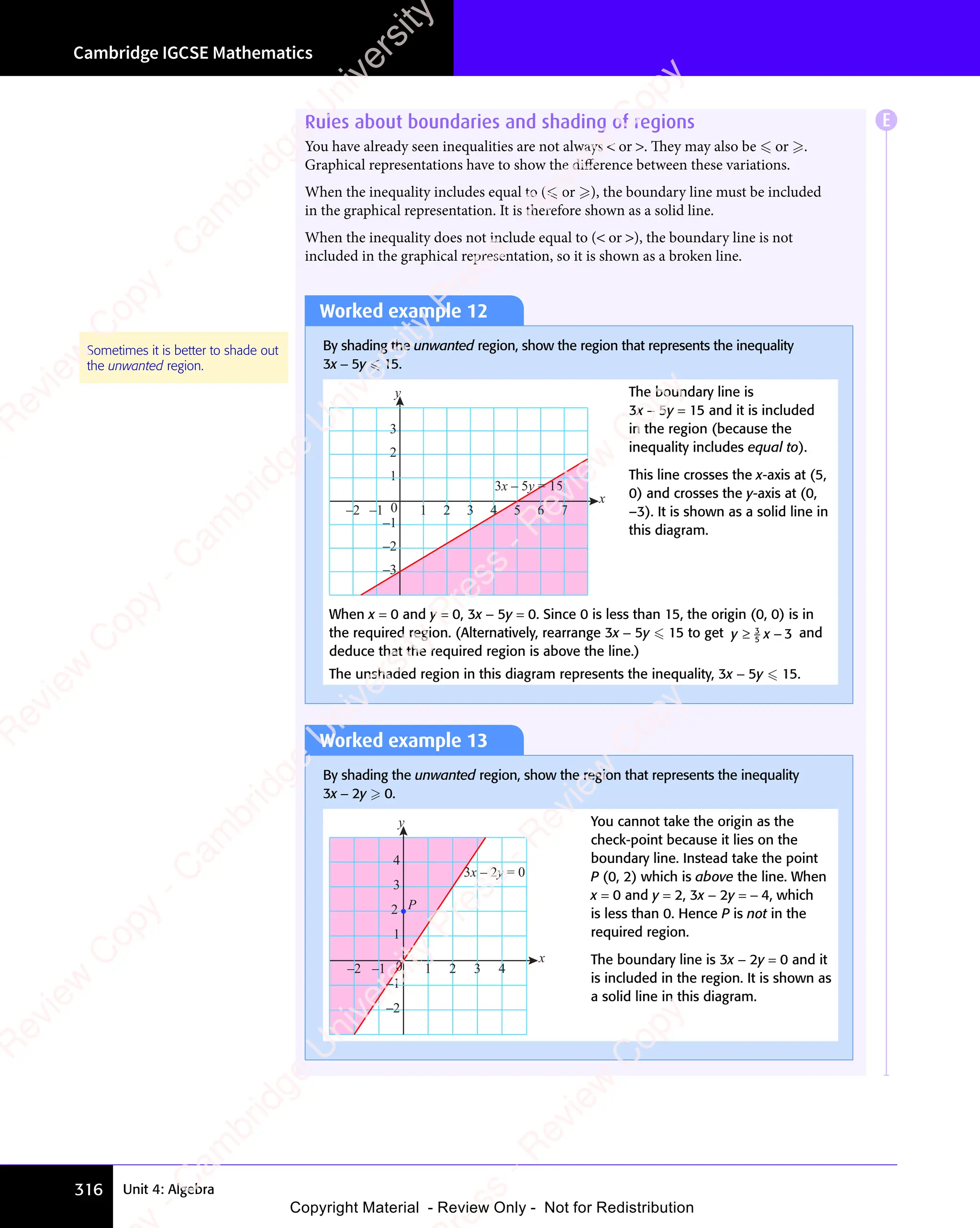 Cambridge IGCSE Mathematics
316 Unit 4: Algebra
Worked example 12
By shading the unwanted region, show the region that represents the inequality
3x − 5y  15.
–3
–2
–1
0
1
2
3
x
y
1 2 3 4 5 6 7
–2 –1
3x – 5y = 15
The boundary line is
3x − 5y = 15 and it is included
in the region (because the
inequality includes equal to).
This line crosses the x-axis at (5,
0) and crosses the y-axis at (0,
–3). It is shown as a solid line in
this diagram.
When x = 0 and y = 0, 3x − 5y = 0. Since 0 is less than 15, the origin (0, 0) is in
the required region. (Alternatively, rearrange 3x − 5y  15 to get y x
≥ −
y x
≥ −
y x
y x
≥ −
3
≥ −
≥ −
y x
≥ −
y x
≥ −
5
y x
y x
y x
≥ −
y x
≥ − 3 and
deduce that the required region is above the line.)
The unshaded region in this diagram represents the inequality, 3x − 5y  15.
Sometimes it is better to shade out
the unwanted region.
Worked example 13
By shading the unwanted region, show the region that represents the inequality
3x − 2y  0.
–2
–1
1
3
4
x
y
0 1 2 3 4
–2 –1
P
3x – 2y = 0
2
You cannot take the origin as the
check-point because it lies on the
boundary line. Instead take the point
P (0, 2) which is above the line. When
x = 0 and y = 2, 3x − 2y = − 4, which
is less than 0. Hence P is not in the
required region.
The boundary line is 3x − 2y = 0 and it
is included in the region. It is shown as
a solid line in this diagram.
Rules about boundaries and shading of regions
You have already seen inequalities are not always  or . They may also be  or .
Graphical representations have to show the diﬀerence between these variations.
When the inequality includes equal to ( or ), the boundary line must be included
in the graphical representation. It is therefore shown as a solid line.
When the inequality does not include equal to ( or ), the boundary line is not
included in the graphical representation, so it is shown as a broken line.
E
e
s
s
-
R
e
v
i
e
w
C
o
p
y
-
C
a
m
b
r
i
d
g
e
U
n
i
v
e
r
s
i
t
y
P
r
e
s
s
-
R
e
v
i
e
w
C
o
p
y
R
e
v
i
e
w
C
o
p
y
-
C
a
m
b
r
i
d
g
e
U
n
i
v
e
r
s
i
t
y
P
r
e
s
s
-
R
e
v
i
e
w
C
o
p
y
R
e
v
i
e
w
C
o
p
y
-
C
a
m
b
r
i
d
g
e
U
n
i
v
e
r
s
i
t
y
P
r
e
s
s
-
R
e
v
i
e
w
C
o
p
y
R
e
v
i
e
w
C
o
p
y
-
C
a
m
b
r
i
d
g
e
U
n
i
v
e
r
s
i
t
y
Copyright Material - Review Only - Not for Redistribution
 