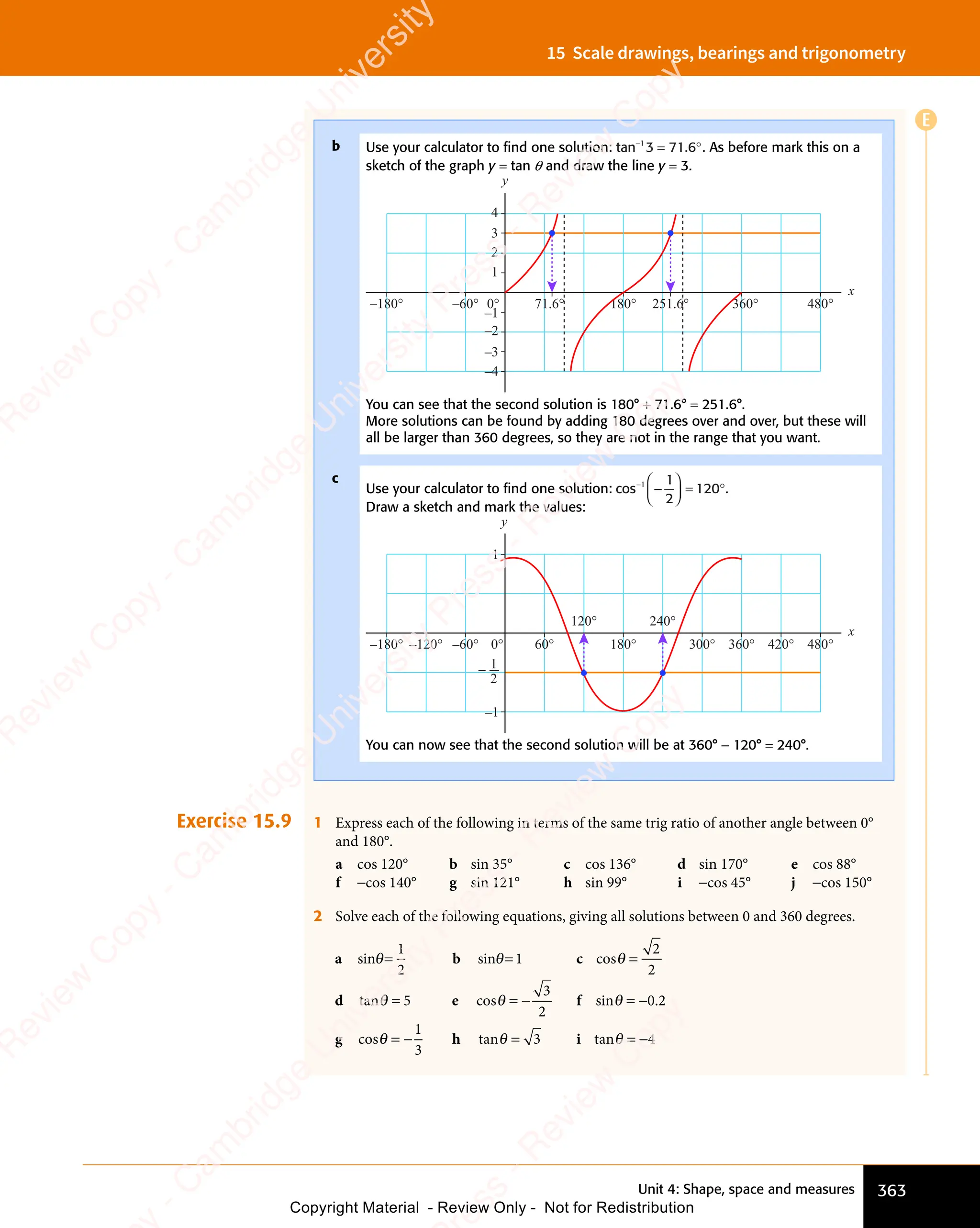 Unit 4: Shape, space and measures 363
15 Scale drawings, bearings and trigonometry
b Use your calculator to ﬁnd one solution: tan .
−
= °
1
3 71 6 . As before mark this on a
sketch of the graph y = tan θ and draw the line y = 3.
y
x
–180° –60° 71.6° 180° 251.6° 360° 480°
0°
–4
–3
–2
–1
3
2
1
4
You can see that the second solution is 180° + 71.6° = 251.6°.
More solutions can be found by adding 180 degrees over and over, but these will
all be larger than 360 degrees, so they are not in the range that you want.
c
Use your calculator to ﬁnd one solution: cos−
−





 = °
1 1
2
120 .
Draw a sketch and mark the values:
1
–1
y
x
–180° –120° –60° 60° 180° 300° 360° 420° 480°
0°
– 1
2
240°
120°
You can now see that the second solution will be at 360° - 120° = 240°.
Exercise 15.9 1 Express each of the following in terms of the same trig ratio of another angle between 0°
and 180°.
a cos 120° b sin 35° c cos 136° d sin 170° e cos 88°
f -cos 140° g sin 121° h sin 99° i -cos 45° j -cos 150°
2 Solve each of the following equations, giving all solutions between 0 and 360 degrees.
a b c
d e f
e f
g
sin s cos
tan c sin .
cos
θ θ
b c
θ θ
b c
n s
θ θ
n s
b c
n s
b c
θ θ
n s
b c
in
b c
θ θ
in θ
θ θ
e f
θ θ
e f
n c
θ θ
n c
e f
n c
e f
θ θ
n c
e f
os
e f
θ θ
os θ
n .
n .
θ
b c
= =
b c
b c
θ θ
b c
= =
θ θ
n s
θ θ
= =
n s
θ θ
n s
θ θ
= =
θ θ
b c
n s
b c
θ θ
n s
= =
n s
b c
θ θ
n s
b c
in
b c
θ θ
in
= =
in
b c
θ θ
in =
e f
= =
e f
e f
θ θ
e f
= =
θ θ
n c
θ θ
= =
θ θ
e f
n c
e f
θ θ
n c
= =
n c
e f
θ θ
n c
e f
os
e f
θ θ
os
= =
os
e f
θ θ
os
n c
θ θ
= =
n c
θ θ − =
e f
− =
e f
e f
− =
si
− =
n .
− =
n .
n .
n .
− =
n .
n .
= −
1
θ θ
θ θ
2
b c
b c
2
2
θ θ
θ θ
n c
θ θ
n c
θ θ
n c
θ θ
= =
θ θ
n c
θ θ
n c
= =
θ θ
3
e f
e f
2
0 2
n .
0 2
n .
1
3
h i
h i
h
h i
h ta
h i
ta
h i
n t
h i
n t
h i
θ θ
h i
θ θ
h i
h i
θ θ
θ θ
θ θ
n t
θ θ
n t
n t
θ θ
h i
n t
θ θ
h i
n t
h i
n t
θ θ
n t
h i
n t
θ θ
n t
= =
h i
n t
h i
θ θ
n t
h i
n t
θ θ
n t
= =
n t
h i
θ θ
n t
3 4
θ θ
3 4
h i
θ θ
3 4
h i
θ θ
θ θ
3 4
n t
θ θ
3 4
θ θ
h i
n t
θ θ
n t
3 4
h i
n t
h i
θ θ
n t
n t
θ θ
3 4
n t
θ θ
h i
n t
θ θ
n t
3 4
h i
n t
h i
θ θ
n tan
θ θ
3 4
θ θ
= =
3 4
θ θ
= =
3 4
= =
n t
θ θ
= =
θ θ
3 4
θ θ
n t
= =
θ θ
h i
n t
θ θ
n t
= =
n t
h i
θ θ
n t
3 4
h i
n t
θ θ
n t
= =
n t
θ θ
n tan
θ θ
= =
θ θ
3 4
θ θ
an
= =
θ θ −
3 4
E
e
s
s
-
R
e
v
i
e
w
C
o
p
y
-
C
a
m
b
r
i
d
g
e
U
n
i
v
e
r
s
i
t
y
P
r
e
s
s
-
R
e
v
i
e
w
C
o
p
y
R
e
v
i
e
w
C
o
p
y
-
C
a
m
b
r
i
d
g
e
U
n
i
v
e
r
s
i
t
y
P
r
e
s
s
-
R
e
v
i
e
w
C
o
p
y
R
e
v
i
e
w
C
o
p
y
-
C
a
m
b
r
i
d
g
e
U
n
i
v
e
r
s
i
t
y
P
r
e
s
s
-
R
e
v
i
e
w
C
o
p
y
R
e
v
i
e
w
C
o
p
y
-
C
a
m
b
r
i
d
g
e
U
n
i
v
e
r
s
i
t
y
Copyright Material - Review Only - Not for Redistribution
 