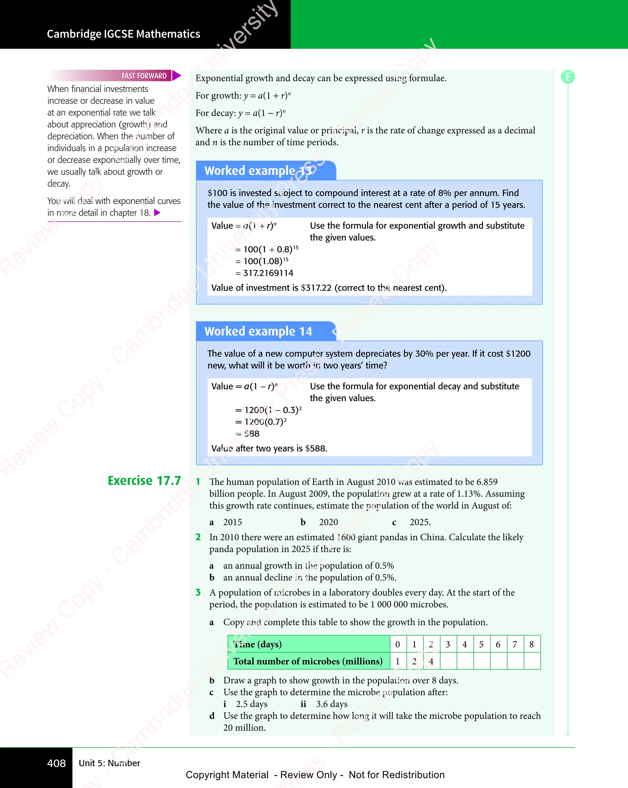 Cambridge IGCSE Mathematics
408 Unit 5: Number
E
Exponential growth and decay can be expressed using formulae.
For growth: y = a(1 + r)n
For decay: y = a(1 − r)n
Where a is the original value or principal, r is the rate of change expressed as a decimal
and n is the number of time periods.
Worked example 13
$100 is invested subject to compound interest at a rate of 8% per annum. Find
the value of the investment correct to the nearest cent after a period of 15 years.
Value = a(1 + r)n
Use the formula for exponential growth and substitute
the given values.
= 100(1 + 0.8)15
= 100(1.08)15
= 317.2169114
Value of investment is $317.22 (correct to the nearest cent).
Worked example 14
The value of a new computer system depreciates by 30% per year. If it cost $1200
new, what will it be worth in two years’ time?
Value = a(1 − r)n
Use the formula for exponential decay and substitute
the given values.
= 1200(1 − 0.3)2
= 1200(0.7)2
= 588
Value after two years is $588.
Exercise 17.7 1 The human population of Earth in August 2010 was estimated to be 6.859
billion people. In August 2009, the population grew at a rate of 1.13%. Assuming
this growth rate continues, estimate the population of the world in August of:
a 2015 b 2020 c 2025.
2 In 2010 there were an estimated 1600 giant pandas in China. Calculate the likely
panda population in 2025 if there is:
a an annual growth in the population of 0.5%
b an annual decline in the population of 0.5%.
3 A population of microbes in a laboratory doubles every day. At the start of the
period, the population is estimated to be 1 000 000 microbes.
a Copy and complete this table to show the growth in the population.
Time (days) 0 1 2 3 4 5 6 7 8
Total number of microbes (millions) 1 2 4
b Draw a graph to show growth in the population over 8 days.
c Use the graph to determine the microbe population after:
i 2.5 days ii 3.6 days
d Use the graph to determine how long it will take the microbe population to reach
20 million.
When ﬁnancial investments
increase or decrease in value
at an exponential rate we talk
about appreciation (growth) and
depreciation. When the number of
individuals in a population increase
or decrease exponentially over time,
we usually talk about growth or
decay.
You will deal with exponential curves
in more detail in chapter 18. 
FAST FORWARD
e
s
s
-
R
e
v
i
e
w
C
o
p
y
-
C
a
m
b
r
i
d
g
e
U
n
i
v
e
r
s
i
t
y
P
r
e
s
s
-
R
e
v
i
e
w
C
o
p
y
R
e
v
i
e
w
C
o
p
y
-
C
a
m
b
r
i
d
g
e
U
n
i
v
e
r
s
i
t
y
P
r
e
s
s
-
R
e
v
i
e
w
C
o
p
y
R
e
v
i
e
w
C
o
p
y
-
C
a
m
b
r
i
d
g
e
U
n
i
v
e
r
s
i
t
y
P
r
e
s
s
-
R
e
v
i
e
w
C
o
p
y
R
e
v
i
e
w
C
o
p
y
-
C
a
m
b
r
i
d
g
e
U
n
i
v
e
r
s
i
t
y
Copyright Material - Review Only - Not for Redistribution
 