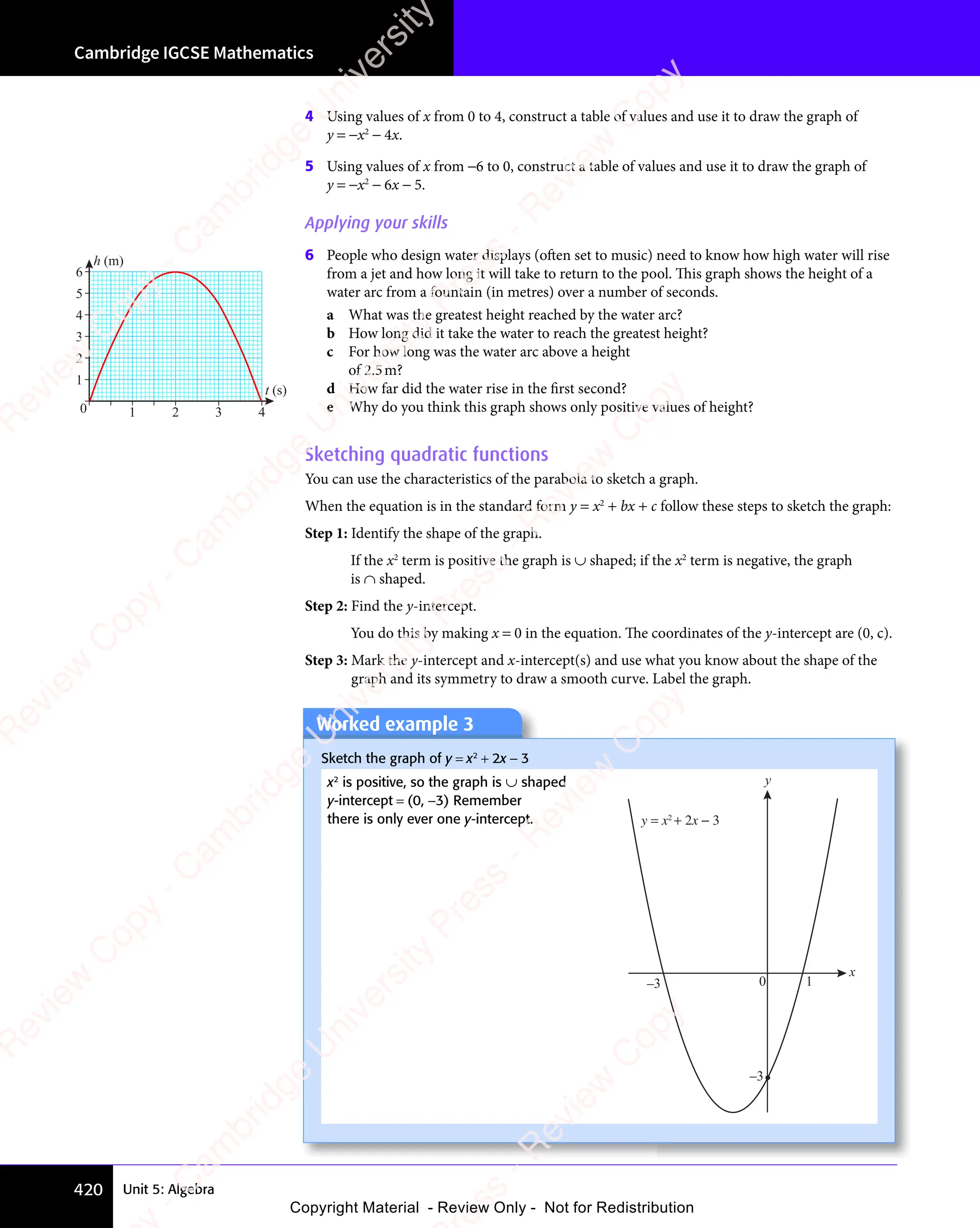 Unit 5: Algebra
Cambridge IGCSE Mathematics
420
4 Using values of x from 0 to 4, construct a table of values and use it to draw the graph of
y = −x2
− 4x.
5 Using values of x from −6 to 0, construct a table of values and use it to draw the graph of
y = −x2
− 6x − 5.
Applying your skills
6 People who design water displays (often set to music) need to know how high water will rise
from a jet and how long it will take to return to the pool. This graph shows the height of a
water arc from a fountain (in metres) over a number of seconds.
a What was the greatest height reached by the water arc?
b How long did it take the water to reach the greatest height?
c For how long was the water arc above a height
of 2.5m?
d How far did the water rise in the first second?
e Why do you think this graph shows only positive values of height?
Sketching quadratic functions
You can use the characteristics of the parabola to sketch a graph.
When the equation is in the standard form y = x2
+ bx + c follow these steps to sketch the graph:
Step 1: Identify the shape of the graph.
If the x2
term is positive the graph is ∪ shaped; if the x2
term is negative, the graph
is ∩ shaped.
Step 2: Find the y-intercept.
You do this by making x = 0 in the equation. The coordinates of the y-intercept are (0, c).
Step 3: Mark the y-intercept and x-intercept(s) and use what you know about the shape of the
graph and its symmetry to draw a smooth curve. Label the graph.
1 2 3 4
0
1
2
3
4
5
6
h (m)
t (s)
Worked example 3
Sketch the graph of y = x2
+ 2x − 3
x2
is positive, so the graph is ∪ shaped
y-intercept = (0, −3) Remember
there is only ever one y-intercept.
0 1
x
y
y = x2
+ 2x − 3
–3
–3
e
s
s
-
R
e
v
i
e
w
C
o
p
y
-
C
a
m
b
r
i
d
g
e
U
n
i
v
e
r
s
i
t
y
P
r
e
s
s
-
R
e
v
i
e
w
C
o
p
y
R
e
v
i
e
w
C
o
p
y
-
C
a
m
b
r
i
d
g
e
U
n
i
v
e
r
s
i
t
y
P
r
e
s
s
-
R
e
v
i
e
w
C
o
p
y
R
e
v
i
e
w
C
o
p
y
-
C
a
m
b
r
i
d
g
e
U
n
i
v
e
r
s
i
t
y
P
r
e
s
s
-
R
e
v
i
e
w
C
o
p
y
R
e
v
i
e
w
C
o
p
y
-
C
a
m
b
r
i
d
g
e
U
n
i
v
e
r
s
i
t
y
Copyright Material - Review Only - Not for Redistribution
 