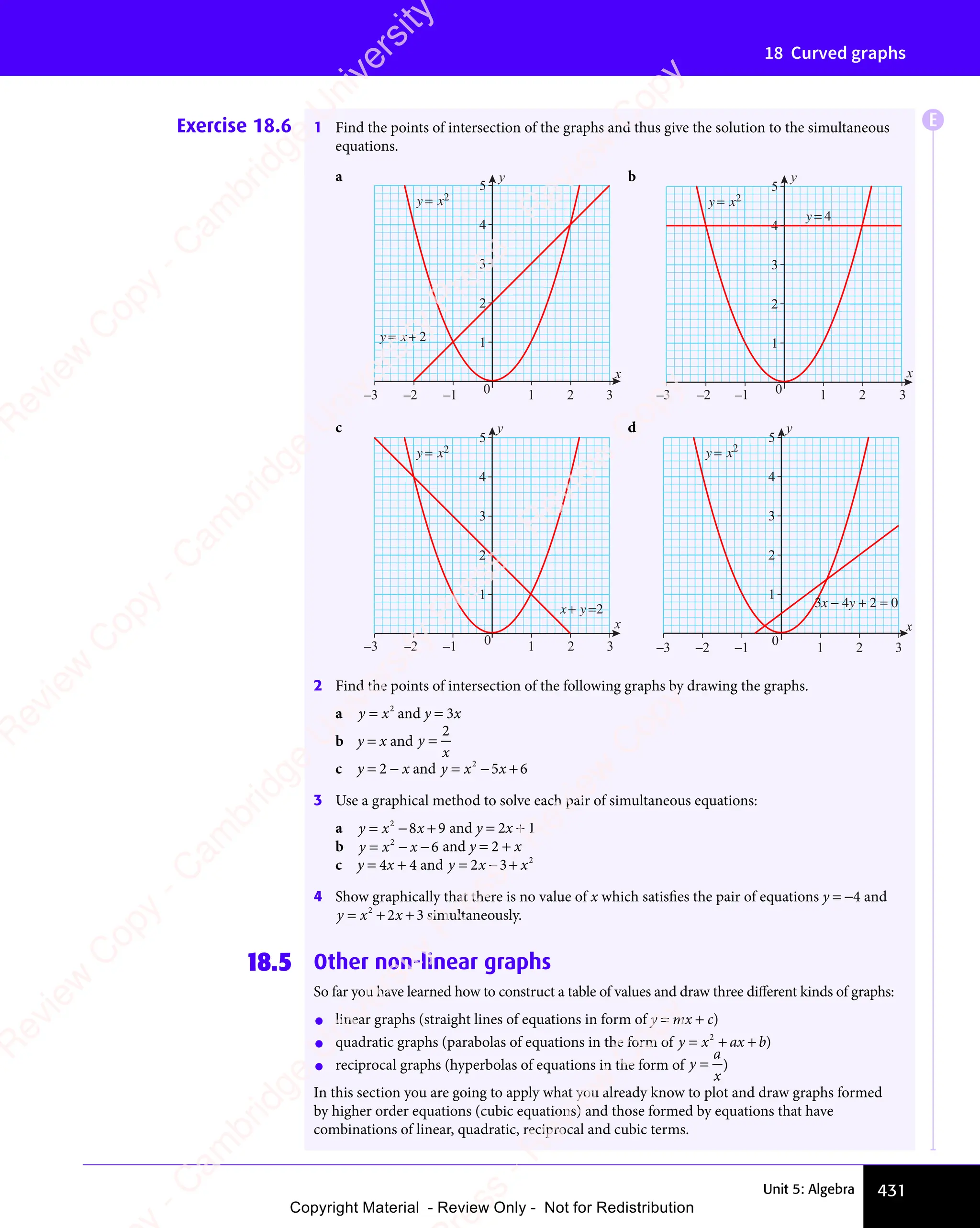 Unit 5: Algebra 431
18 Curved graphs
E
Exercise 18.6 1 Find the points of intersection of the graphs and thus give the solution to the simultaneous
equations.
a
1
2
3
4
5
–3 –2 –1 1 2 3
x
y
y x2
=
y x
= + 2
0
b
1
2
3
4
5
–3 –2 –1 1 2 3
x
y
y x2
=
y = 4
0
c
1
2
3
4
5
–3 –2 –1 1 2 3
x
y
y x2
=
x y
+ =2
0
d
1
2
3
4
5
–3 –2 –1
0
1 2 3
x
y
y x
= 2
3x − 4y + 2 = 0
2 Find the points of intersection of the following graphs by drawing the graphs.
a y x
y x
y x2
and y = 3x
b y = x and y
x
=
2
c y = 2 − x and y x
= −
y x
= −
y x2
5 6
x
5 6
+
5 6
3 Use a graphical method to solve each pair of simultaneous equations:
a y x
= −
y x
= −
y x2
8 9
x
8 9
+
8 9 and y = 2x + 1
b y x x
= −
y x
= −
y x −
2
6 and y = 2 + x
c y = 4x + 4 and y x x
y x
= −
y x +
2 3
y x
2 3
y x
= −
2 3
y x
= −
2 3
y x
= − 2
4 Show graphically that there is no value of x which satisfies the pair of equations y = −4 and
y x
= +
y x
= +
y x2
= +
= + 2 3
x
2 3
+
2 3 simultaneously.
18.5 Other non-linear graphs
So far you have learned how to construct a table of values and draw three diﬀerent kinds of graphs:
• linear graphs (straight lines of equations in form of y = mx + c)
• quadratic graphs (parabolas of equations in the form of y x
= +
y x
= +
y x2
= +
= + a b
x
a b
+
a b)
• reciprocal graphs (hyperbolas of equations in the form of y
x
=
a
)
In this section you are going to apply what you already know to plot and draw graphs formed
by higher order equations (cubic equations) and those formed by equations that have
combinations of linear, quadratic, reciprocal and cubic terms.
e
s
s
-
R
e
v
i
e
w
C
o
p
y
-
C
a
m
b
r
i
d
g
e
U
n
i
v
e
r
s
i
t
y
P
r
e
s
s
-
R
e
v
i
e
w
C
o
p
y
R
e
v
i
e
w
C
o
p
y
-
C
a
m
b
r
i
d
g
e
U
n
i
v
e
r
s
i
t
y
P
r
e
s
s
-
R
e
v
i
e
w
C
o
p
y
R
e
v
i
e
w
C
o
p
y
-
C
a
m
b
r
i
d
g
e
U
n
i
v
e
r
s
i
t
y
P
r
e
s
s
-
R
e
v
i
e
w
C
o
p
y
R
e
v
i
e
w
C
o
p
y
-
C
a
m
b
r
i
d
g
e
U
n
i
v
e
r
s
i
t
y
Copyright Material - Review Only - Not for Redistribution
 
