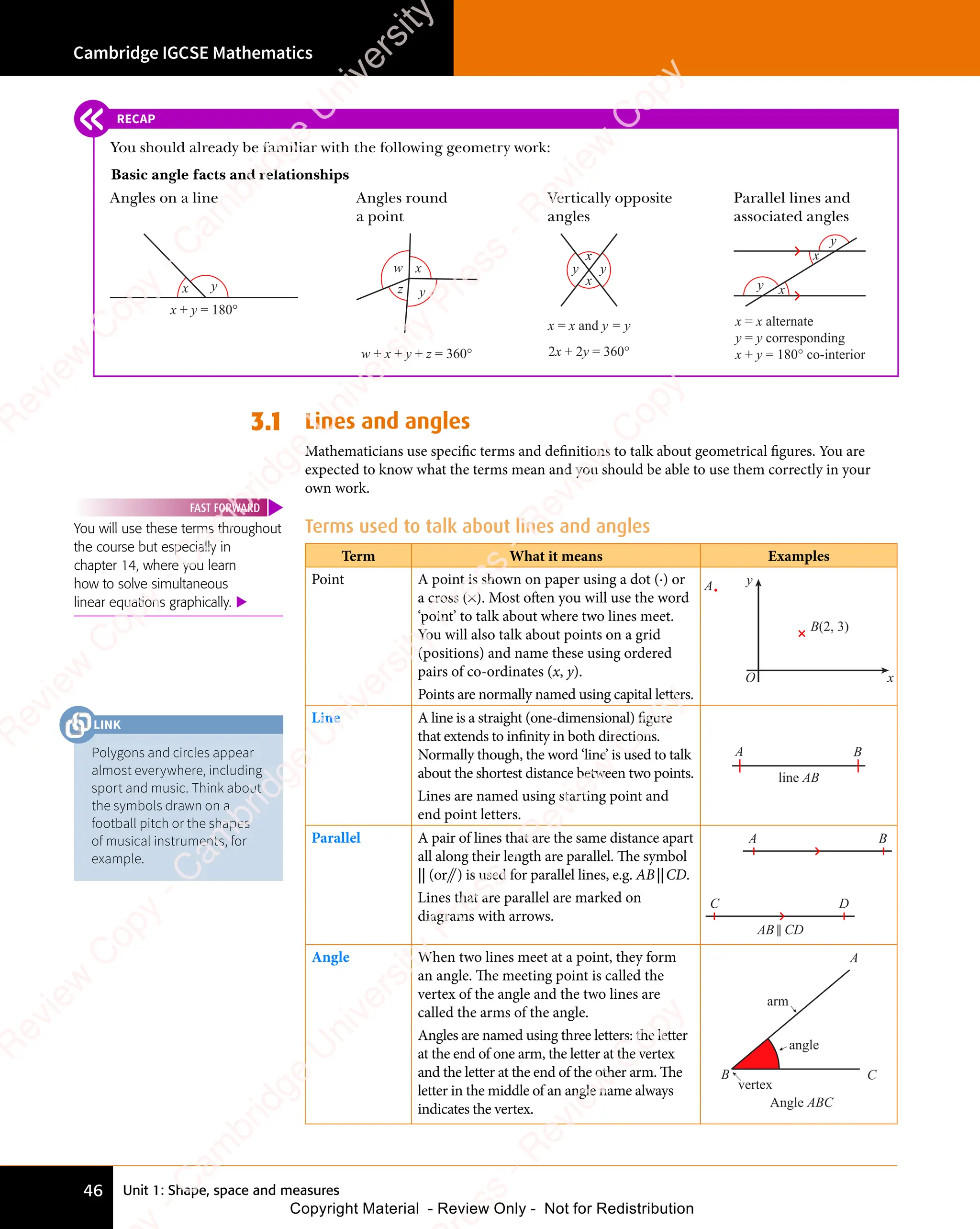 Unit 1: Shape, space and measures
Cambridge IGCSE Mathematics
46
3.1 Lines and angles
Mathematicians use speciﬁc terms and deﬁnitions to talk about geometrical ﬁgures. You are
expected to know what the terms mean and you should be able to use them correctly in your
own work.
Terms used to talk about lines and angles
Term What it means Examples
Point A point is shown on paper using a dot (.) or
a cross (×). Most often you will use the word
‘point’ to talk about where two lines meet.
You will also talk about points on a grid
(positions) and name these using ordered
pairs of co-ordinates (x, y).
Points are normally named using capital letters.
A
B(2, 3)
x
y
O
Line A line is a straight (one-dimensional) figure
that extends to infinity in both directions.
Normally though, the word ‘line’ is used to talk
about the shortest distance between two points.
Lines are named using starting point and
end point letters.
A B
line AB
Parallel A pair of lines that are the same distance apart
all along their length are parallel. The symbol
|| (or ⃫ ) is used for parallel lines, e.g. AB||CD.
Lines that are parallel are marked on
diagrams with arrows.
C D
A B
AB CD
Angle When two lines meet at a point, they form
an angle. The meeting point is called the
vertex of the angle and the two lines are
called the arms of the angle.
Angles are named using three letters: the letter
at the end of one arm, the letter at the vertex
and the letter at the end of the other arm. The
letter in the middle of an angle name always
indicates the vertex.
A
B C
vertex
angle
arm
Angle ABC
You will use these terms throughout
the course but especially in
chapter 14, where you learn
how to solve simultaneous
linear equations graphically. 
FAST FORWARD
RECAP
You should already be familiar with the following geometry work:
Basic angle facts and relationships
Angles on a line Angles round
a point
Vertically opposite
angles
Parallel lines and
associated angles
x y
x + y = 180°
w + x + y + z = 360°
x
y
w
z
2x + 2y = 360°
x = x and y = y
x
x
y
y
x = x alternate
y = y corresponding
x + y = 180° co-interior
x
x
y
y
Polygons and circles appear
almost everywhere, including
sport and music. Think about
the symbols drawn on a
football pitch or the shapes
of musical instruments, for
example.
LINK
e
s
s
-
R
e
v
i
e
w
C
o
p
y
-
C
a
m
b
r
i
d
g
e
U
n
i
v
e
r
s
i
t
y
P
r
e
s
s
-
R
e
v
i
e
w
C
o
p
y
R
e
v
i
e
w
C
o
p
y
-
C
a
m
b
r
i
d
g
e
U
n
i
v
e
r
s
i
t
y
P
r
e
s
s
-
R
e
v
i
e
w
C
o
p
y
R
e
v
i
e
w
C
o
p
y
-
C
a
m
b
r
i
d
g
e
U
n
i
v
e
r
s
i
t
y
P
r
e
s
s
-
R
e
v
i
e
w
C
o
p
y
R
e
v
i
e
w
C
o
p
y
-
C
a
m
b
r
i
d
g
e
U
n
i
v
e
r
s
i
t
y
Copyright Material - Review Only - Not for Redistribution
 