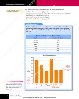 Unit 1: Data handling
Cambridge IGCSE Mathematics
90
Worked example 6
Worked example 6
The frequency table shows the number of people who were treated for road accident
injuries in the casualty department of a large hospital in the ﬁrst six months of the year.
Draw a bar chart to represent the data. Note that bar chart’s frequency axes should start
from zero.
Patients admitted as a result of road accidents
Month Number of patients
January 360
February 275
March 190
April 375
May 200
June 210
0
50
100
150
200
250
300
350
400
Jan Feb Mar Apr May June
Months
Number
of
patients
Road accident admittances
scale is
divided
into 50
and
labelled
categories are labelled
bars equal width and
equally spaced
height of
bar shows
number of
patients against
scale
There are different methods of drawing bar charts, but all bar charts should have:
• a title that tells what data is being displayed
• a number scale or axis (so you can work out how many are in each class) and a label on the
scale that tells you what the numbers stand for
• a scale or axis that lists the categories displayed
• bars that are equally wide and equally spaced.
The bars should not touch for
qualitative or discrete data.
A bar chart is not the same as a
histogram. A histogram is normally
used for continuous data. You will
learn more about histograms in
chapter 20. 
FAST FORWARD
e
s
s
-
R
e
v
i
e
w
C
o
p
y
-
C
a
m
b
r
i
d
g
e
U
n
i
v
e
r
s
i
t
y
P
r
e
s
s
-
R
e
v
i
e
w
C
o
p
y
R
e
v
i
e
w
C
o
p
y
-
C
a
m
b
r
i
d
g
e
U
n
i
v
e
r
s
i
t
y
P
r
e
s
s
-
R
e
v
i
e
w
C
o
p
y
R
e
v
i
e
w
C
o
p
y
-
C
a
m
b
r
i
d
g
e
U
n
i
v
e
r
s
i
t
y
P
r
e
s
s
-
R
e
v
i
e
w
C
o
p
y
R
e
v
i
e
w
C
o
p
y
-
C
a
m
b
r
i
d
g
e
U
n
i
v
e
r
s
i
t
y
Copyright Material - Review Only - Not for Redistribution
 