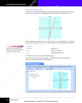 Unit 3: Algebra
Cambridge IGCSE Mathematics
212
Intersection with the x–axis
So far only the y-intercept has been found, either from the graph or from the equation. There is,
of course, an x-intercept too. The following sketch shows the line with equation y = 3x − 6.
x
y
–4
–10
–2
0
4
–6
2
–8
6
8
10
–4
–10 –6
–8 –2 2 4 6 8 10
y x
= −
3 6
Notice that the line crosses the x-axis at the point where x = 2 and, importantly, y = 0. In fact, all
points on the x-axis have y co-ordinate = 0. If you substitute y = 0 into the equation of the line:
y = 3x − 6
0 = 3x − 6 (putting y = 0)
3x = 6 (add 6 to both sides)
x = 2 (dividing both sides by 3)
this is exactly the answer that you found from the graph.
You can also ﬁnd the y-intercept by putting x = 0. The following worked examples show
calculations for ﬁnding both the x- and y-intercepts.
You will need to understand this
method when solving simultaneous
equations in chapter 14. 
FAST FORWARD
Worked example 8
Find the x- and y-intercepts for each of the following lines. Sketch the graph in each case.
a y = 6x − 12 b y = −x + 3 c 2x + 5y = 20
a y = 6x − 12
x y
y x
x
x y
= ⇒
x y
y x
= ⇒
y x − =
⇒ =
x
⇒ =
0 1
x y
0 1
x y
x y
= ⇒
x y
0 1
x y
= ⇒ = −
0 12
0 6
y x
0 6
y x
y x
= ⇒
y x
0 6
y x
= ⇒ 12
− =
12
− = 0
2
x
y
–4
–10
–12
–2
0
4
–6
2
–8
6
8
10
–2
–4
–6
–8
–10 2 4 6 8 10
y = 6x – 12
e
s
s
-
R
e
v
i
e
w
C
o
p
y
-
C
a
m
b
r
i
d
g
e
U
n
i
v
e
r
s
i
t
y
P
r
e
s
s
-
R
e
v
i
e
w
C
o
p
y
R
e
v
i
e
w
C
o
p
y
-
C
a
m
b
r
i
d
g
e
U
n
i
v
e
r
s
i
t
y
P
r
e
s
s
-
R
e
v
i
e
w
C
o
p
y
R
e
v
i
e
w
C
o
p
y
-
C
a
m
b
r
i
d
g
e
U
n
i
v
e
r
s
i
t
y
P
r
e
s
s
-
R
e
v
i
e
w
C
o
p
y
R
e
v
i
e
w
C
o
p
y
-
C
a
m
b
r
i
d
g
e
U
n
i
v
e
r
s
i
t
y
Copyright Material - Review Only - Not for Redistribution
 