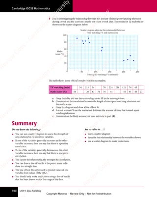 Unit 4: Data handling
Cambridge IGCSE Mathematics
390
5 Eyal is investigating the relationship between the amount of time spent watching television
during a week and the score on a maths test taken a week later. The results for 12 students are
shown on the scatter diagram below.
Maths
score (%)
Time spent watching TV (minutes)
50 100 150 200 250
0
40
80
100
20
60
Scatter diagram showing the relationship between
time watching TV and maths score
The table shows some of Eyal’s results, but it is incomplete.
TV watching (min) 34 215 54 78 224 236 121 74 63
Maths score (%) 64 30 83 76 78 41 55 91 83 27
a Copy the table and use the scatter diagram to fill in the missing values.
b Comment on the correlation between the length of time spent watching television and
the maths score.
c Copy the diagram and draw a line of best fit.
d Aneesh scores 67% on the maths test. Estimate the amount of time that Aneesh spent
watching television.
e Comment on the likely accuracy of your estimate in part (d).
Summary
Do you know the following?
• You can use a scatter diagram to assess the strength of
any relationship between two variables.
• If one of the variables generally increases as the other
variable increases, then you say that there is a positive
correlation.
• If one of the variables generally decreases as the other
variable increases, then you say that there is a negative
correlation.
• The clearer the relationship, the stronger the correlation.
• You can draw a line of best fit if the points seem to lie
close to a straight line.
• The line of best fit can be used to predict values of one
variable from values of the other.
• You should only make predictions using a line of best fit
that has been drawn within the range of the data.
Are you able to…..?
• draw a scatter diagram
• describe the relationship between the variables shown
• use a scatter diagram to make predictions.
e
s
s
-
R
e
v
i
e
w
C
o
p
y
-
C
a
m
b
r
i
d
g
e
U
n
i
v
e
r
s
i
t
y
P
r
e
s
s
-
R
e
v
i
e
w
C
o
p
y
R
e
v
i
e
w
C
o
p
y
-
C
a
m
b
r
i
d
g
e
U
n
i
v
e
r
s
i
t
y
P
r
e
s
s
-
R
e
v
i
e
w
C
o
p
y
R
e
v
i
e
w
C
o
p
y
-
C
a
m
b
r
i
d
g
e
U
n
i
v
e
r
s
i
t
y
P
r
e
s
s
-
R
e
v
i
e
w
C
o
p
y
R
e
v
i
e
w
C
o
p
y
-
C
a
m
b
r
i
d
g
e
U
n
i
v
e
r
s
i
t
y
Copyright Material - Review Only - Not for Redistribution
 