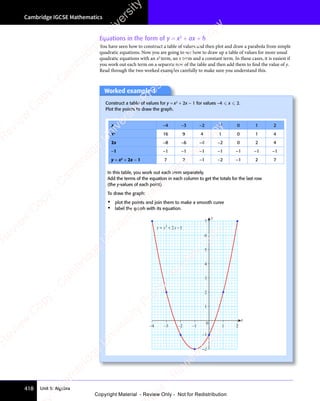 Unit 5: Algebra
Cambridge IGCSE Mathematics
418
Equations in the form of y = x2
+ ax + b
You have seen how to construct a table of values and then plot and draw a parabola from simple
quadratic equations. Now you are going to see how to draw up a table of values for more usual
quadratic equations with an x2
term, an x term and a constant term. In these cases, it is easiest if
you work out each term on a separate row of the table and then add them to find the value of y.
Read through the two worked examples carefully to make sure you understand this.
Worked example 1
Construct a table of values for y = x2
+ 2x − 1 for values −4  x  2.
Plot the points to draw the graph.
x −4 −3 −2 −1 0 1 2
x2
16 9 4 1 0 1 4
2x −8 −6 −4 −2 0 2 4
−1 −1 −1 −1 −1 −1 −1 −1
y = x2
+ 2x − 1 7 2 −1 −2 −1 2 7
In this table, you work out each term separately.
Add the terms of the equation in each column to get the totals for the last row
(the y-values of each point).
To draw the graph:
• plot the points and join them to make a smooth curve
• label the graph with its equation.
–4 –3 –2 1 2
7
6
5
4
3
2
1
0
x
y
–1
–1
–2
y x x
= + −
2
2 1
e
s
s
-
R
e
v
i
e
w
C
o
p
y
-
C
a
m
b
r
i
d
g
e
U
n
i
v
e
r
s
i
t
y
P
r
e
s
s
-
R
e
v
i
e
w
C
o
p
y
R
e
v
i
e
w
C
o
p
y
-
C
a
m
b
r
i
d
g
e
U
n
i
v
e
r
s
i
t
y
P
r
e
s
s
-
R
e
v
i
e
w
C
o
p
y
R
e
v
i
e
w
C
o
p
y
-
C
a
m
b
r
i
d
g
e
U
n
i
v
e
r
s
i
t
y
P
r
e
s
s
-
R
e
v
i
e
w
C
o
p
y
R
e
v
i
e
w
C
o
p
y
-
C
a
m
b
r
i
d
g
e
U
n
i
v
e
r
s
i
t
y
Copyright Material - Review Only - Not for Redistribution
 